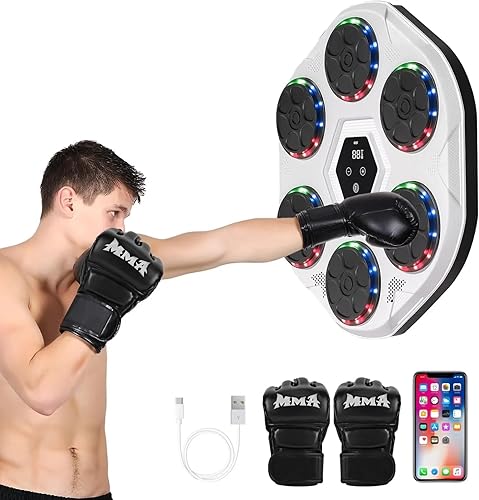 Máquina de boxeo de música, entrenador interactivo con guantes, blanco grande montado en la pared, pantalla LED, altavoz Bluetooth, 9 modos y 9