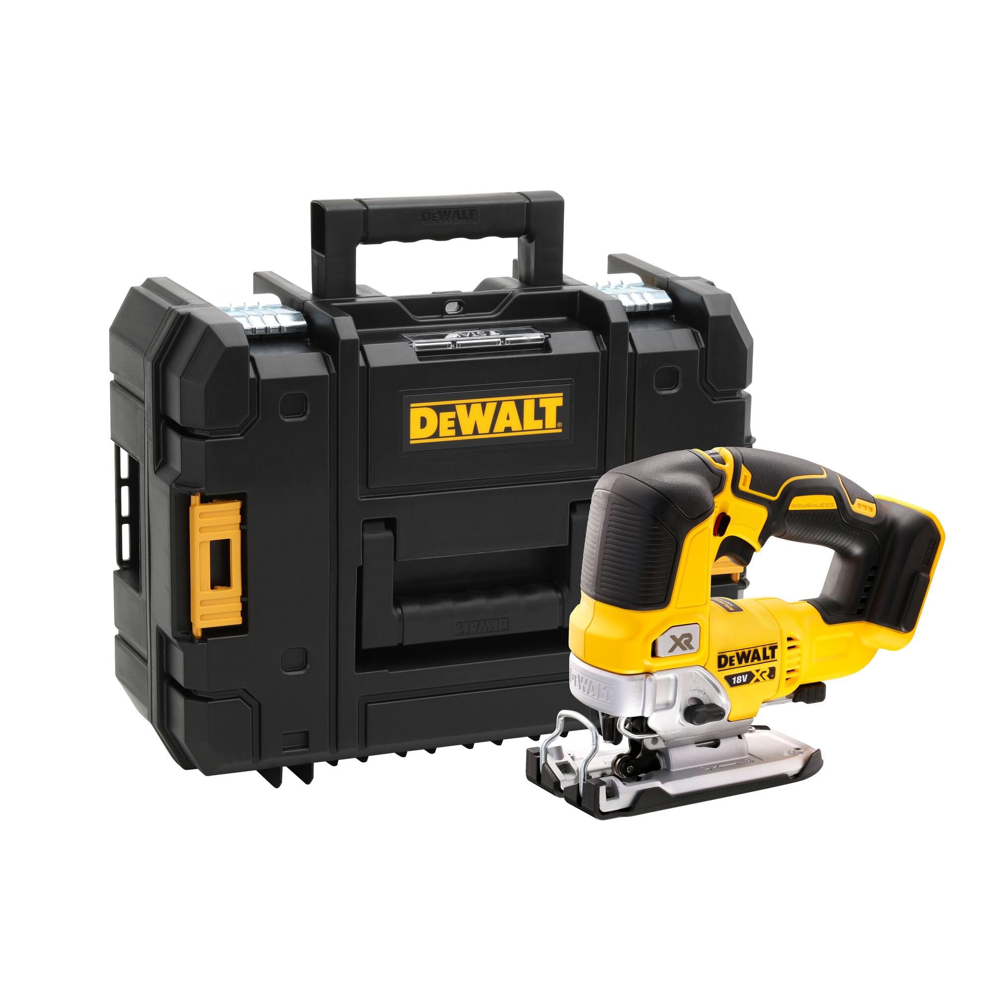 DeWalt DCS334NT-XJ DCS334NT-XJ-Sierra de Calar sin escobillas XR 18V sin cargador/batería con maletín TSTAK II, Negro Y Amarillo
