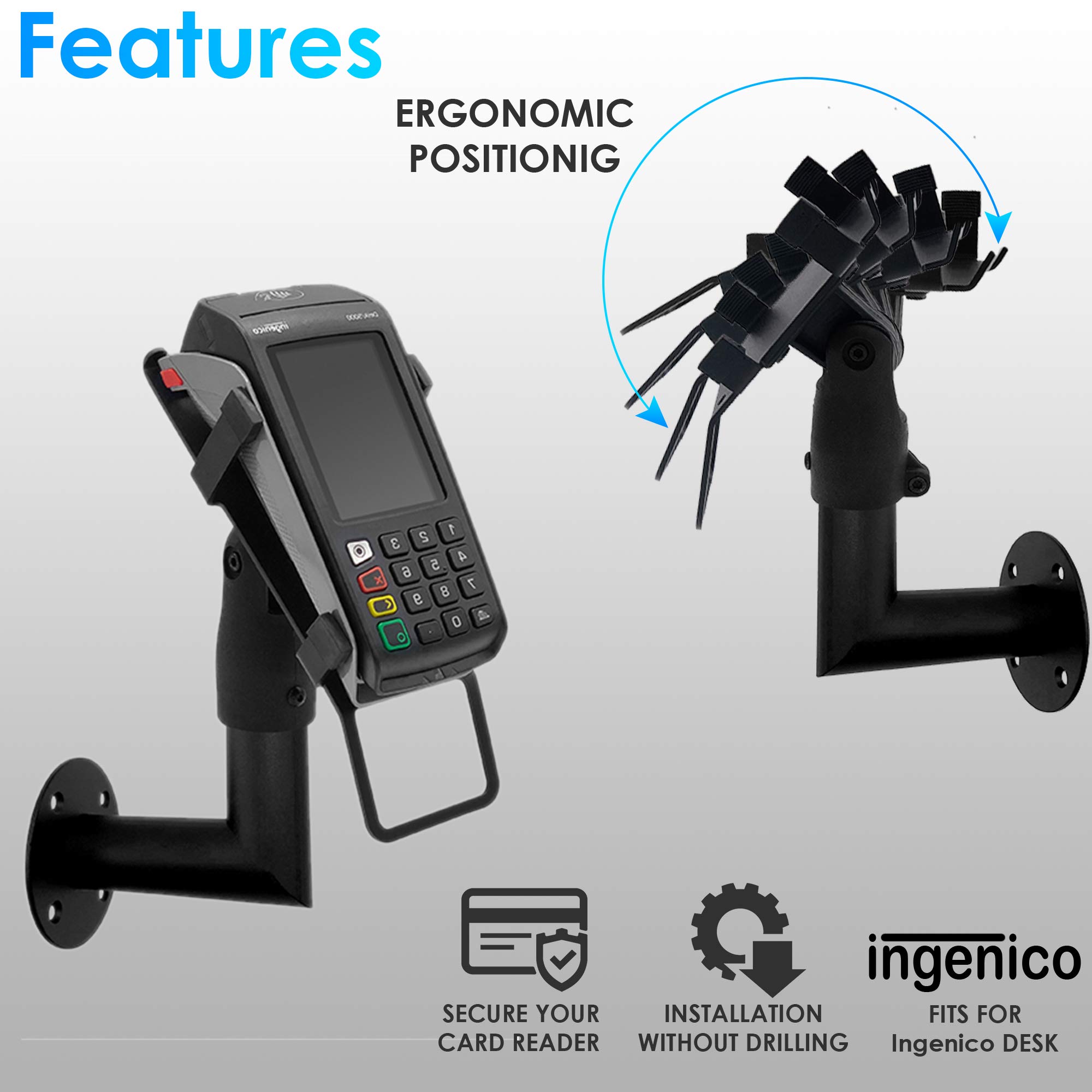 Supporto Ergonomico per Terminale di Pagamento POS da Muro Ingenico DESK 3200/3500/5000 - Stand POS Bancomat con Maniglia, Rotazione 180° e Inclinazione 45°, Installazione a Parete