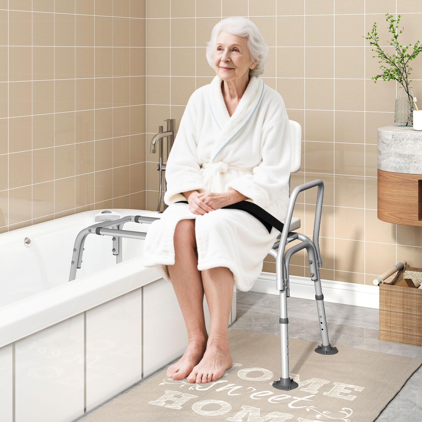 RELAX4LIFE Badewannensitz Höhenverstellbar & Verschiebbar, Breiter Sitz, Wannensitz mit Rückenlehne, Armlehne & Sicherheitsgurt, Duschstuhl für Senioren und Behinderte, Duschsitz bis 159 kg belastbar