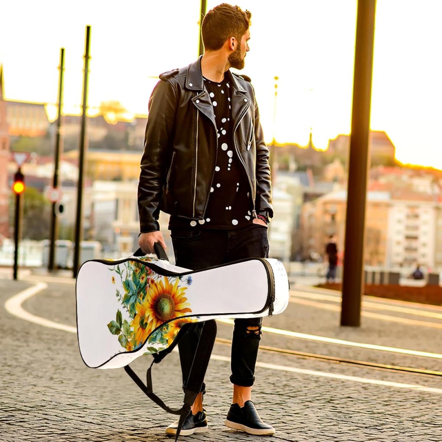 Acoustic Guitar Gig Bag 1 cm Thick Padding, Waterproof Electric Guitar Bag 40-42 Inch Guitar Case Backpack with Dual Shoulder Strap, Sunflowers Daisy Flowers on White Background