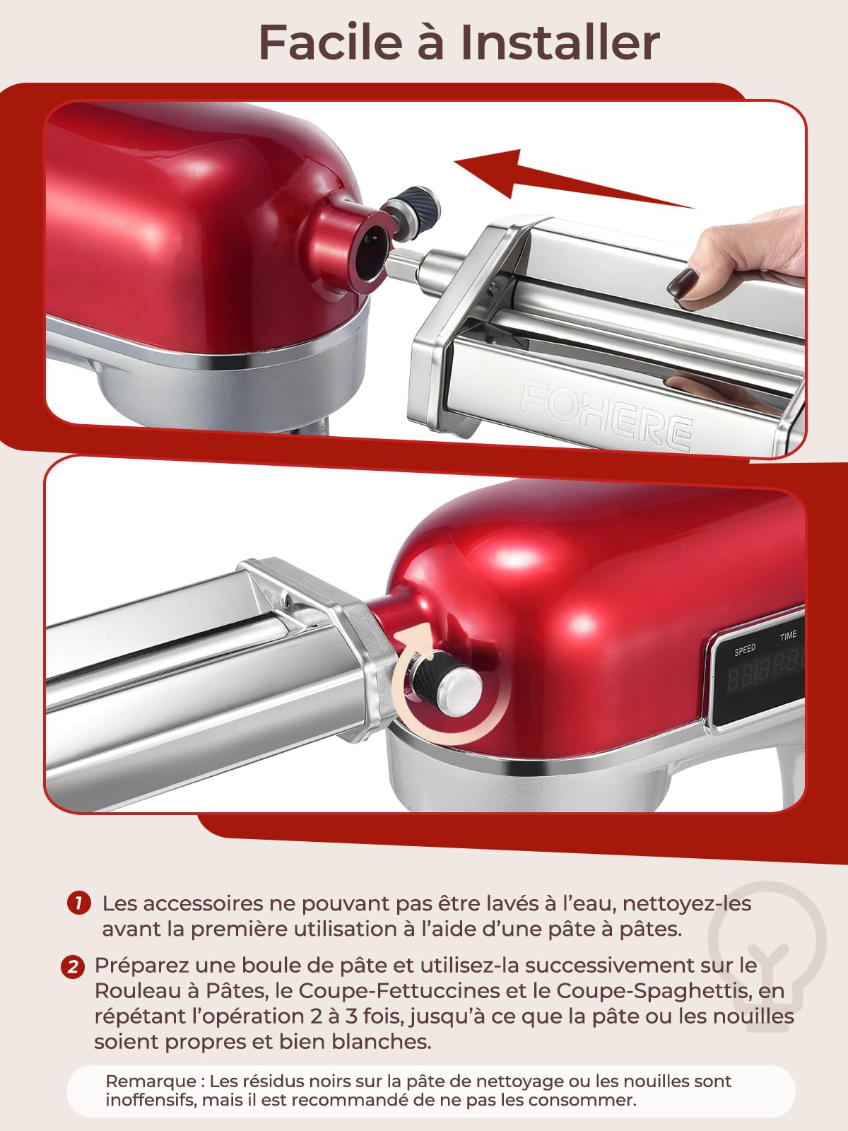 FOHERE Accessoires pour Machine à Pâtes pour KitchenAid Robot Pâtissier, Comprend Rouleau à Pâtes, Coupe-Fettuccines, Coupe-Spaghettis et Brosse à Nettoyage (7 épaisseurs Réglables)