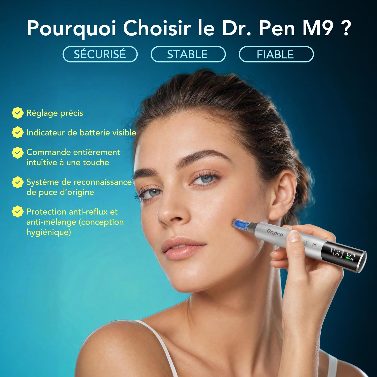 Dr. Pen M9 Stylo Microneedling Sans Fil | 4 Types de Cartouches Interchangeables | 6 Vitesses Réglables, 0–2.5mm Réglage de Profondeur, Batterie Rechargeable 700 mAh avec Station de Support