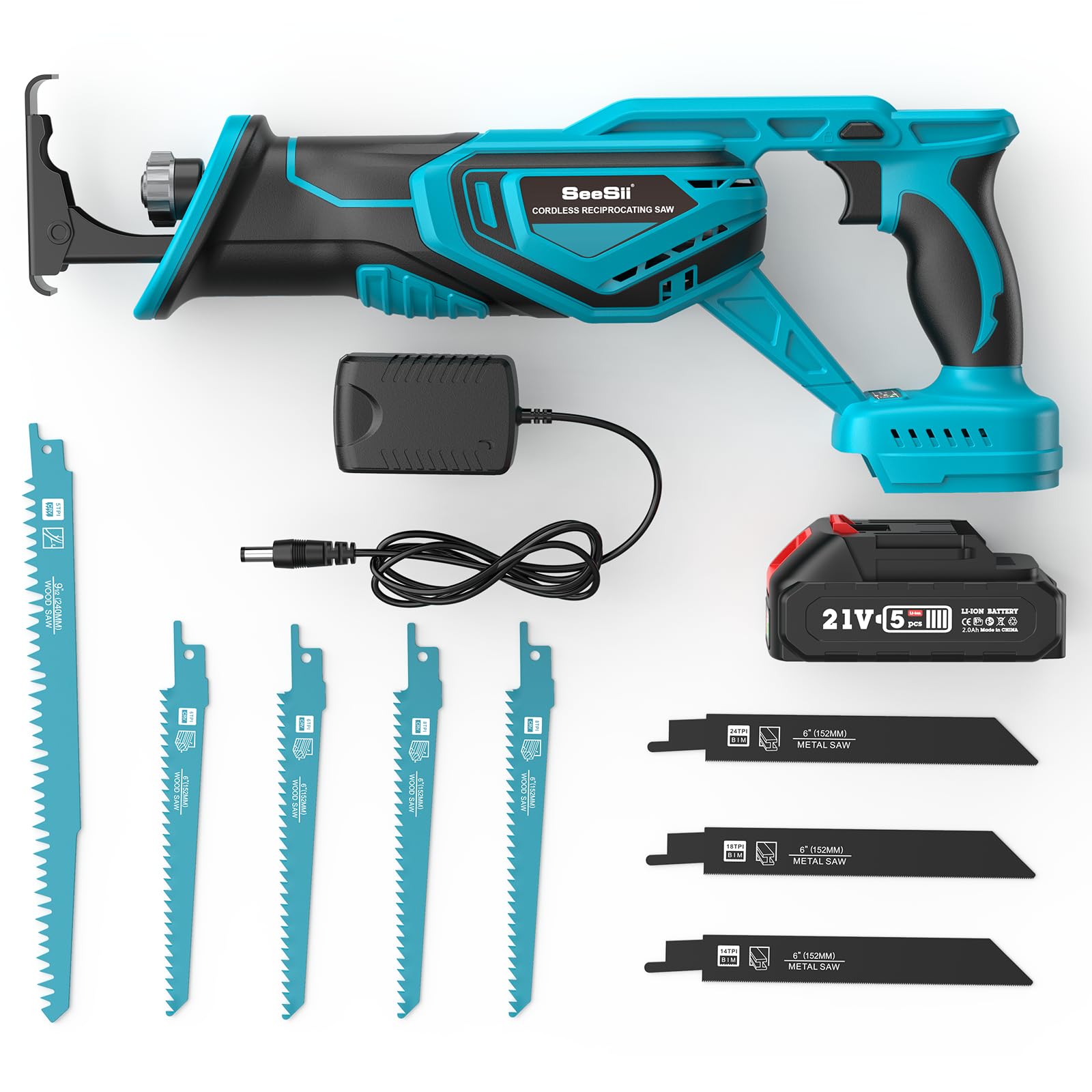 SEESII Scie Sabre Sans Fil 21V – Moteur Sans Balais 3500 SPM, 2 Batteries 4Ah, 8 Lames, LED, Pour Bois, Métal & PVC