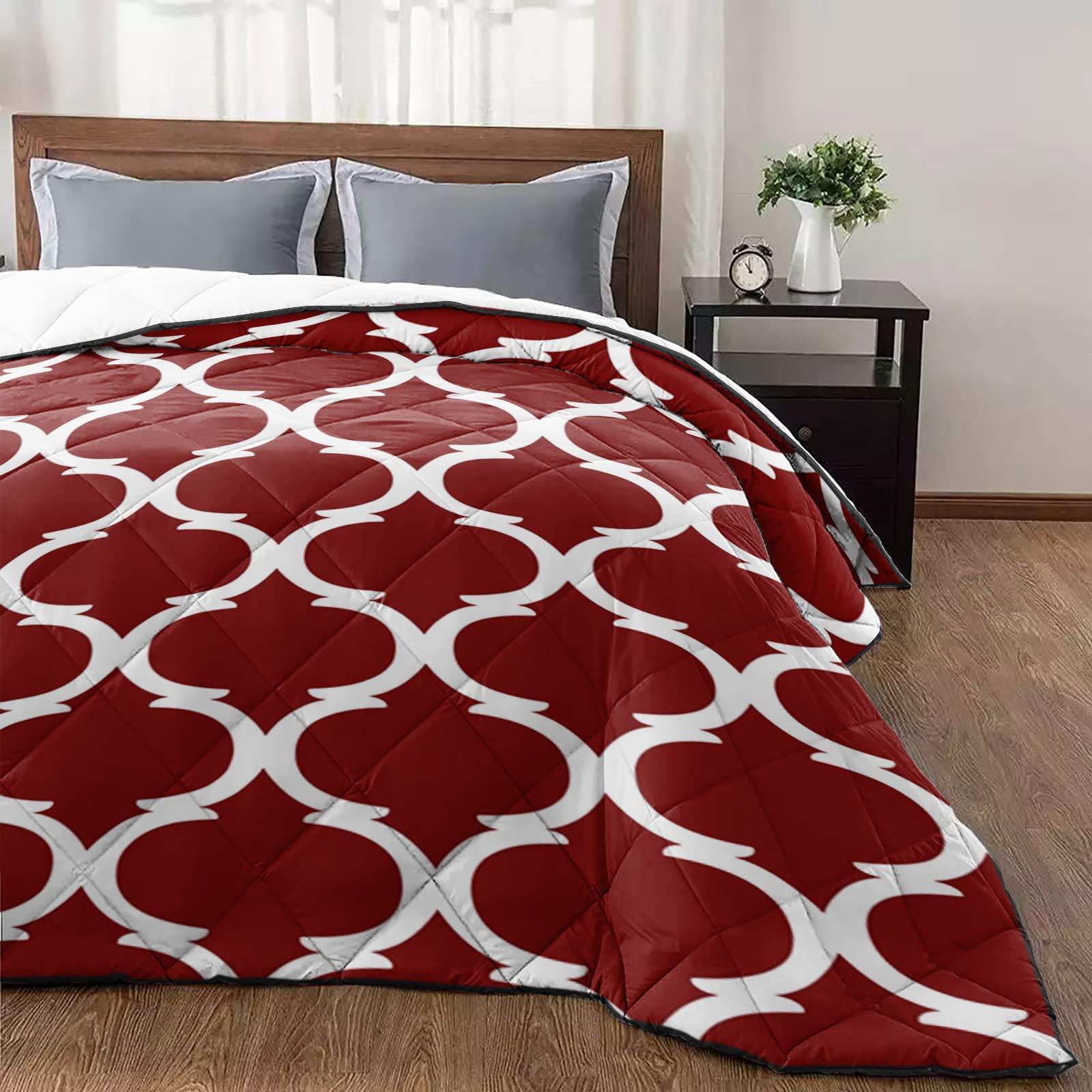 Quilt California King Luxury Quilted Comforter Bedspread-Thin Soft Cozy, Mid Century Art Geometric Morocco Stripes Wine Red Reversible Stitched Summer Lightweight Quilt Coverlet for All Season