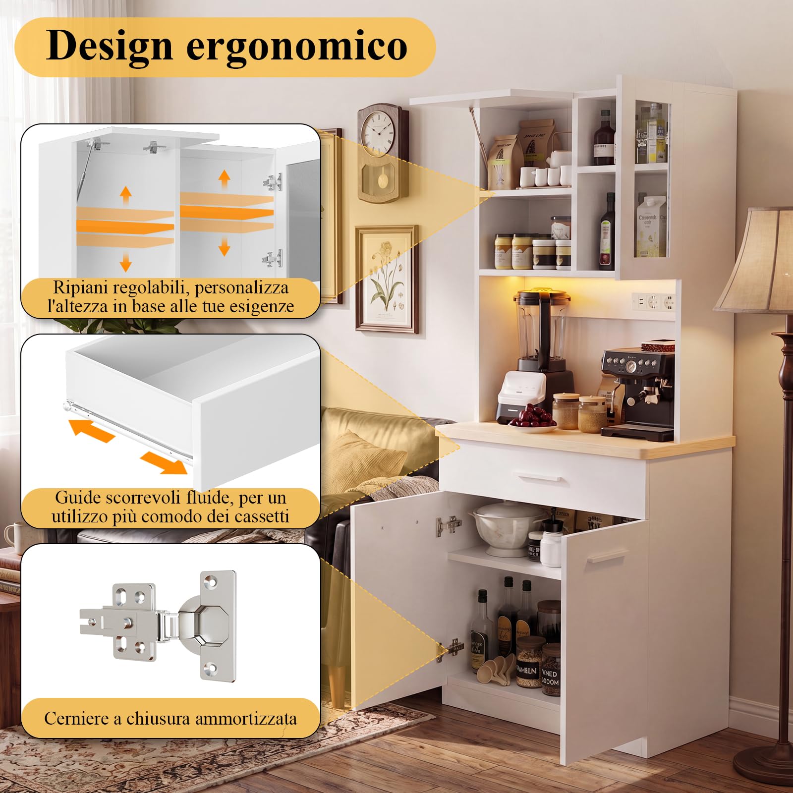 Devoko Mobile da cucina con piano di lavoro e presa elettrica, Credenza buffet LED con chiusura ammortizzata, Dispensa altezza regolabile con pannello posteriore rinforzato (Bianco)