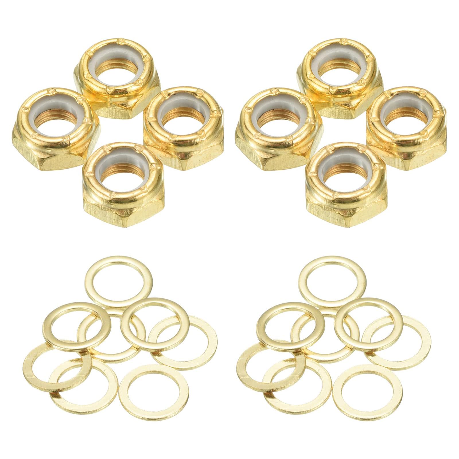 TA-VIGOR 5/16 Inch Skateboard Lock Nut Set 4 Nuts & 8 Axle Spacers Gold