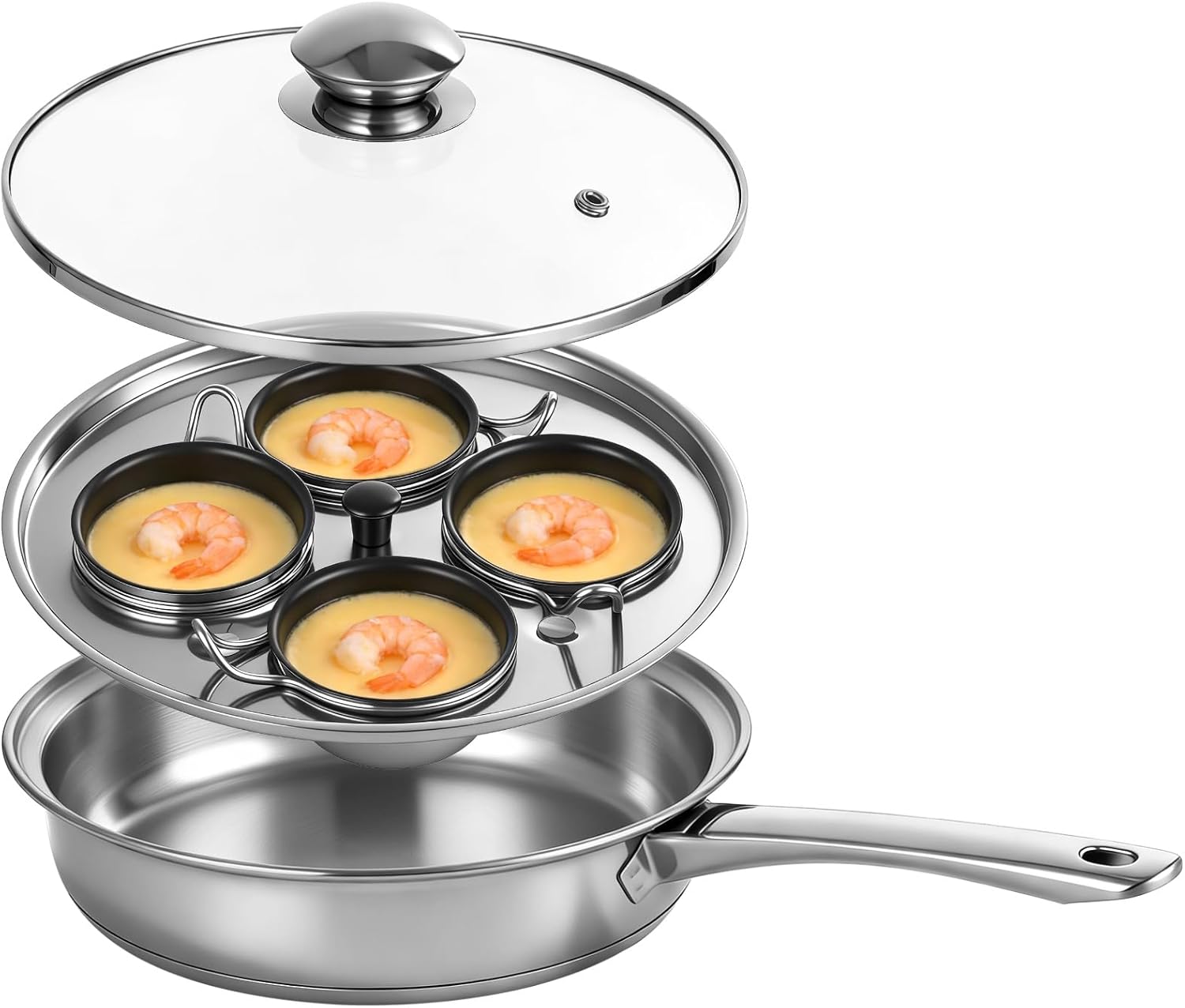 Non stick Egg Poacher Pan, 4-Cup Stainless Steel Egg Steamer Pan, Multi-purpose Poaching Cooker with Glass Lid for Breakfast Eggs, Cookware Set for Multiple Stove Types