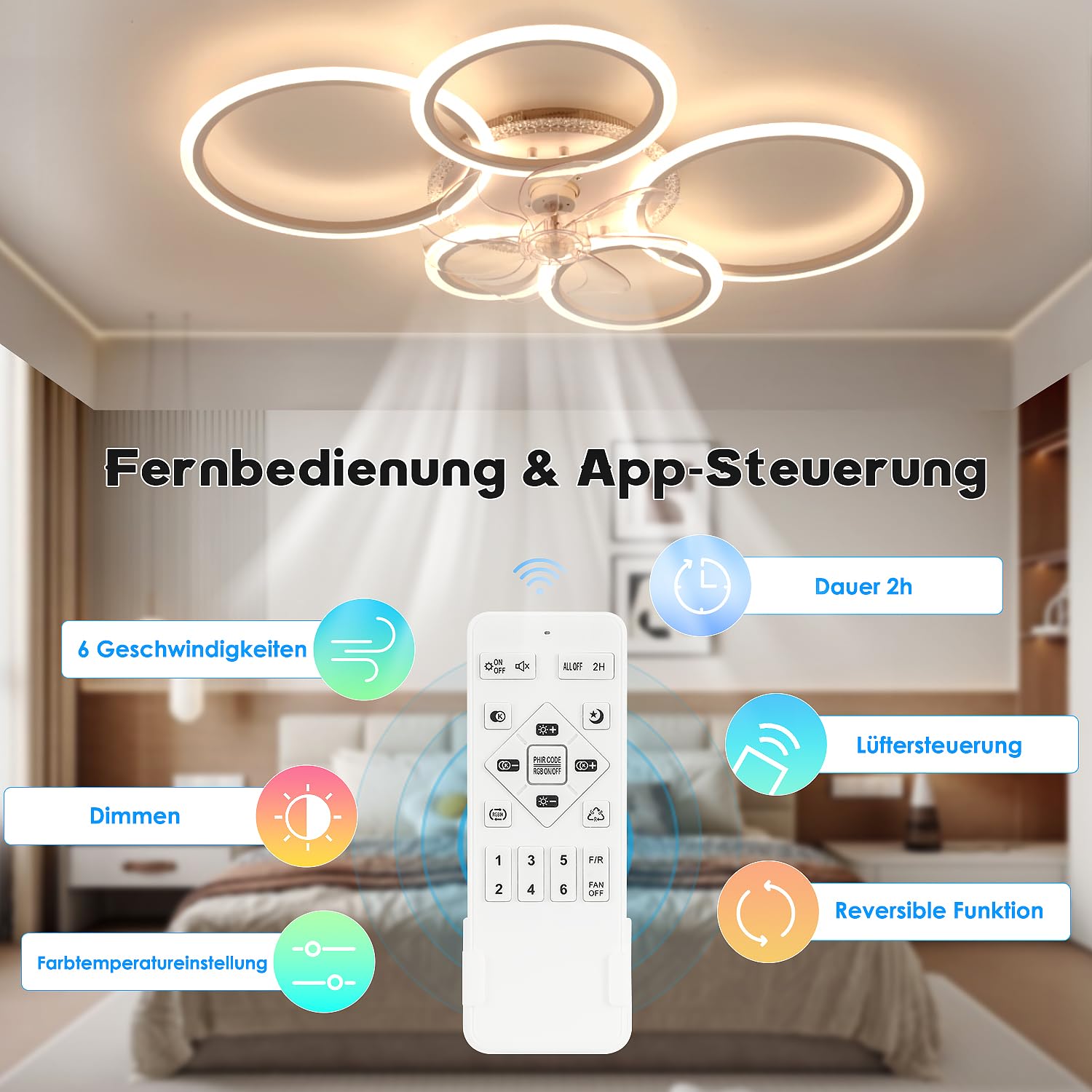 RGB LED Deckenventilator mit Licht, Leiser Ventilator dimmbar, Farbwechsel | Deckenlampe 96cm Fernbedienung, 6 Stufen, Timer & Reversierfunktion, Deckenleuchte für Schlafzimmer, Kinderzimmer Wohnzimmer