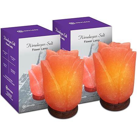 Nevlers All Natural 100% Authentic Hand Carved Himalayan Salt Lamp - Unique Flower Shape Design - 2 Pack - 7-8 lbs and 7"- 8" Tall - Beautiful Wooden Bases, Bulbs and UL Listed Dimmer Cords Included