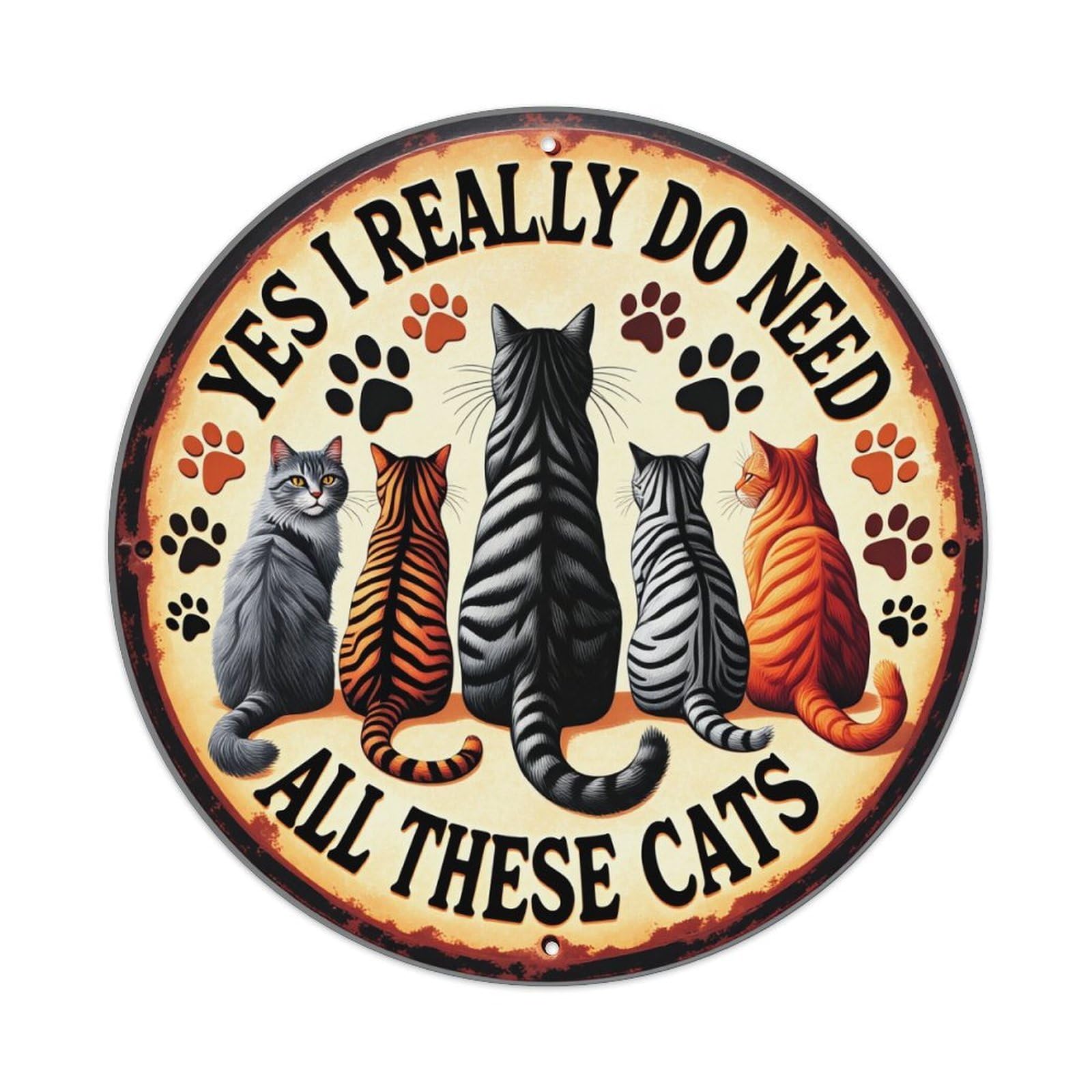 Cats Paw Prints Text Circle Design Round Tin Sign Vintage Metal Poster, Home Bar Garage Man Cave Cafe Indoor & Outdoor Wall Decoration 8x8Inches