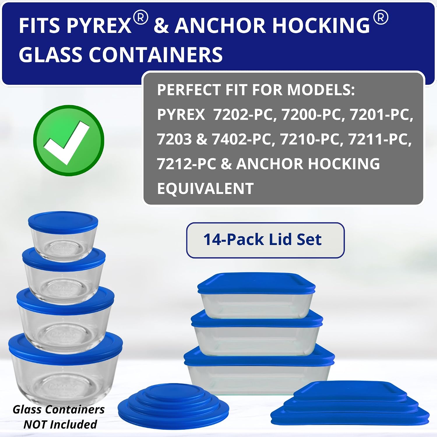 1, 2, 4 & 7 Cup Blue Round & 3, 6, 11 Cup Blue Rectangle Replacement Lids/Covers for Pyrex, Anchor Hocking & KlareWare Storage Bowls *Lids Only -Glass Container Not Included*, 14 Pack *2 of Each Size*