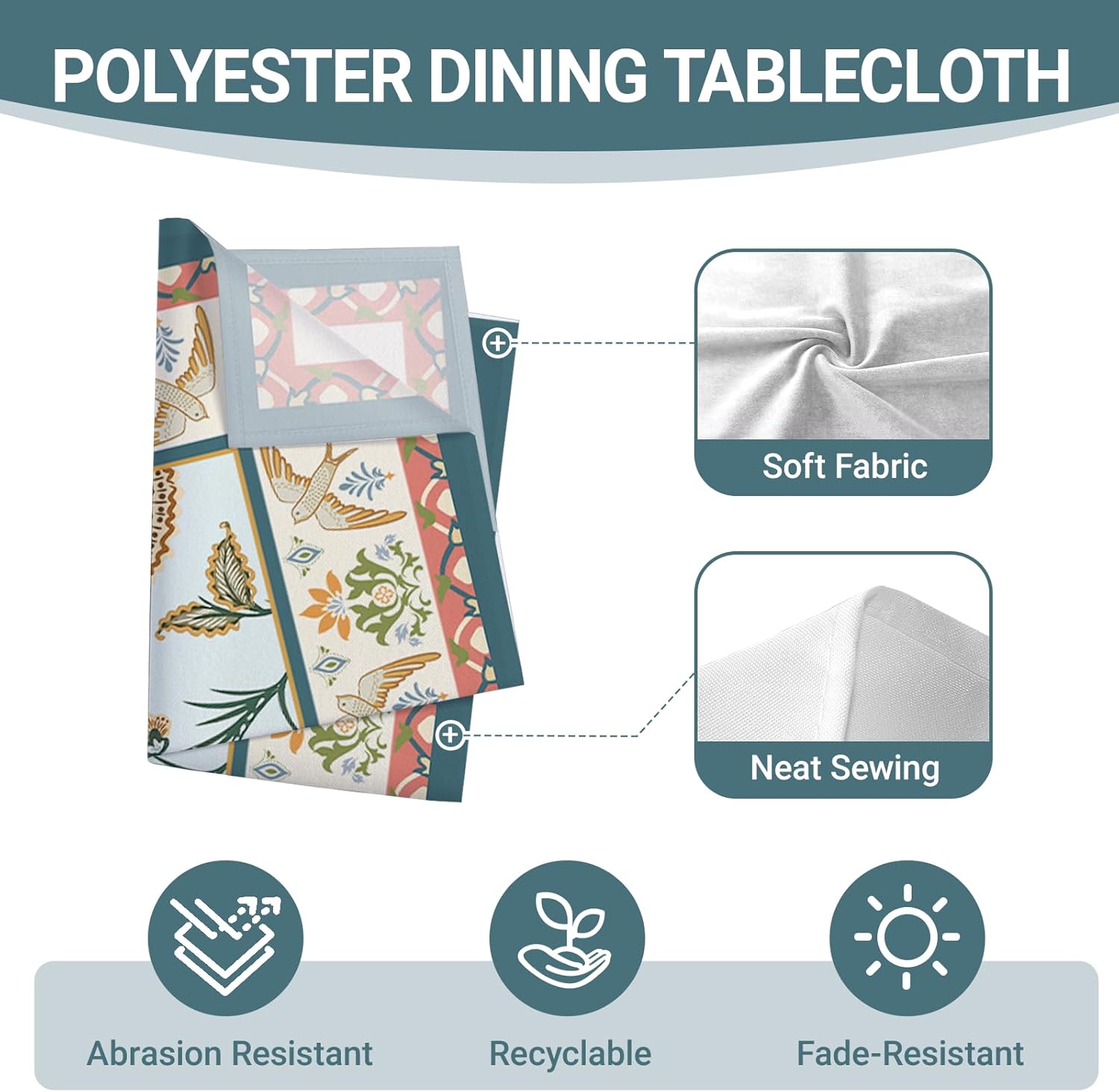 Boho Flower Bird Square Tablecloth 70 x 70 Inches, Bohemian Floral Decorative Dining Table Cloth, Elegant Vintage Farmhouse Dinner Tablecover Picnic Party Decoration