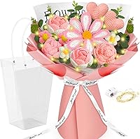 ICXHomeDecor Handmade Crochet Flowers Bouquet with LED Lights - Pink Knitted Roses, Heart, Gesang Flower for Weddings, Birthdays, Mother's Day Gifts