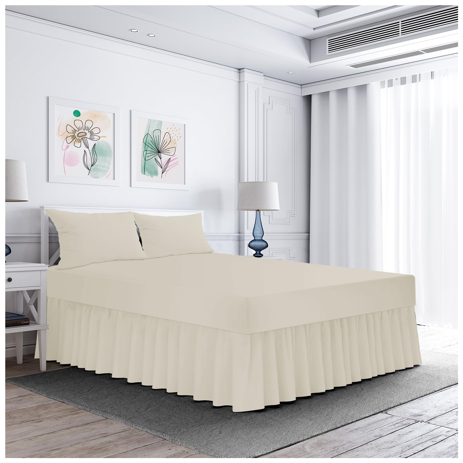 Gc Gaveno Cavailia Cream Plain Polycotton Frilled Fitted Valance Sheet, Fade Resistant Valance Bed Skirts, Breathable Single Bedsheet, Non Iron Base Valance Sheet,