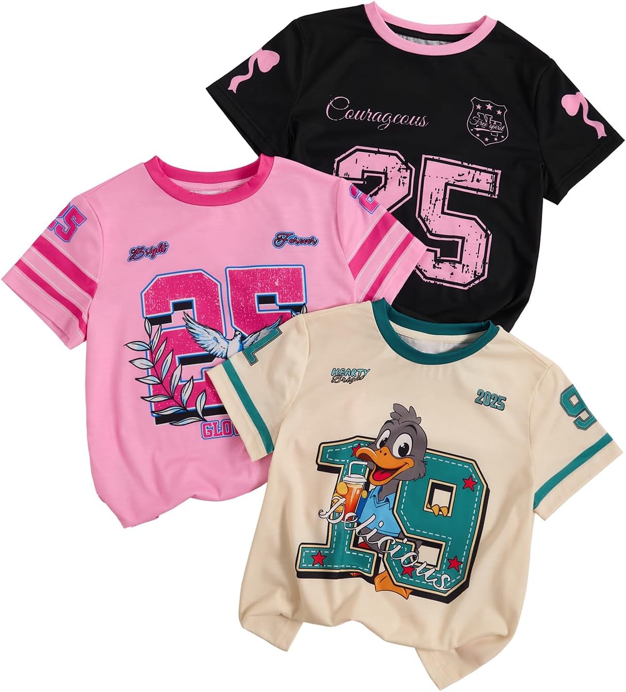 RoseSeek Girl's Shirts 3 Packs Star Butterfly Graphic Tees Crew Neck Short Sleeve T Shirt Casual Tops