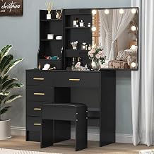 Black Vanity Desk with Rose Gold Handles, Tempered Glass Mirror & Stool, 31.5"x14.2"x51.2"