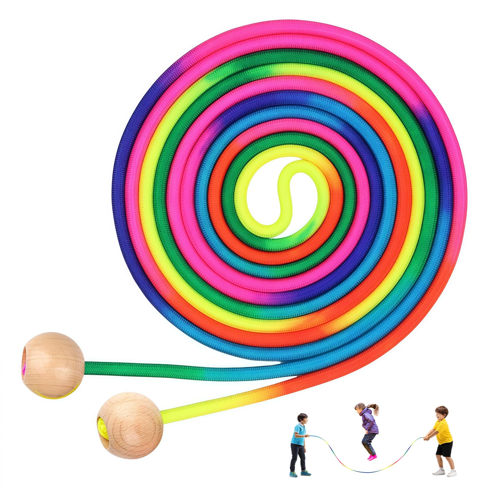 Springseil für Mehrspieler, 5 Meter Langes Springseil Kinder, Seilspringen Lang Mehrspringer mit Hölzerne Kugelgriff, Regenbogenfarben Gruppen Seilspringen für Kinder ab 6,7,8,9 Jahre und Erwachsene