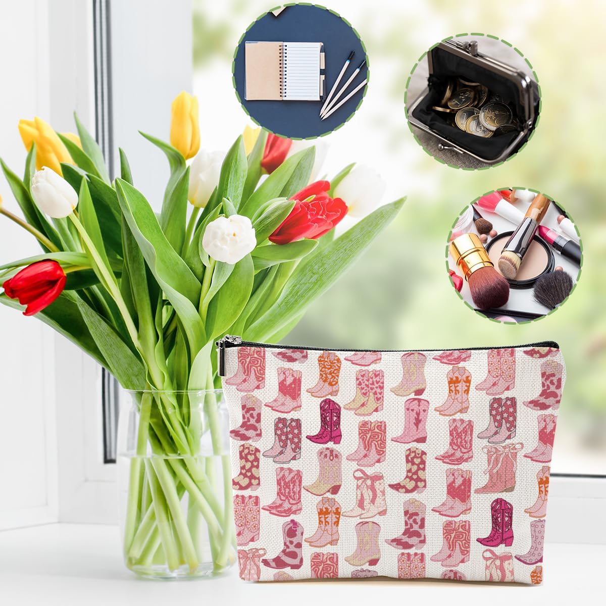 2pcs Western Makeup Bag Western Gifts for Women Cosmetic Bag Cowgirl Gifts for Women, Girls Sister, Pink Boots Cowboy Boots Gift Christmas Birthday Gift, Cowgirl Stuff - Image 3