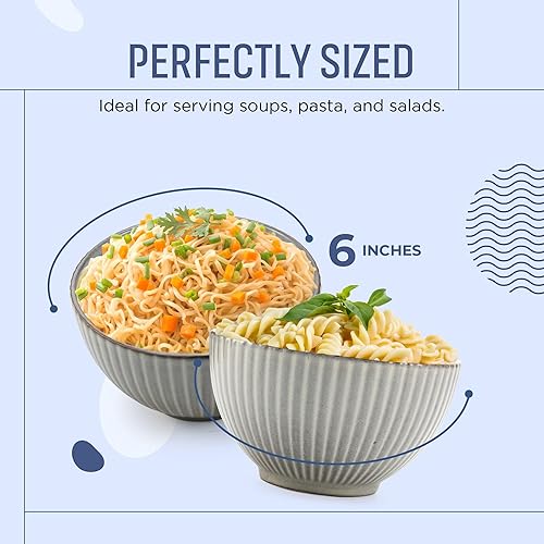 Miniatura 5 de American Atelier Juego de 4 cuencos de cereales estriados de 22 onzas, apilables de gres de 6 pulgadas para pasta, ramen y ensalada, cuencos de