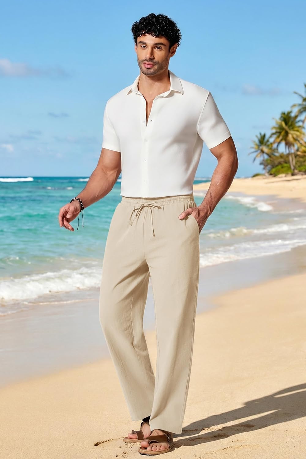 COOFANDY Men's Cotton Linen Pants Elastic Waist Drawstring Summer Beach Trousers Casual Yoga Pant - Image 3