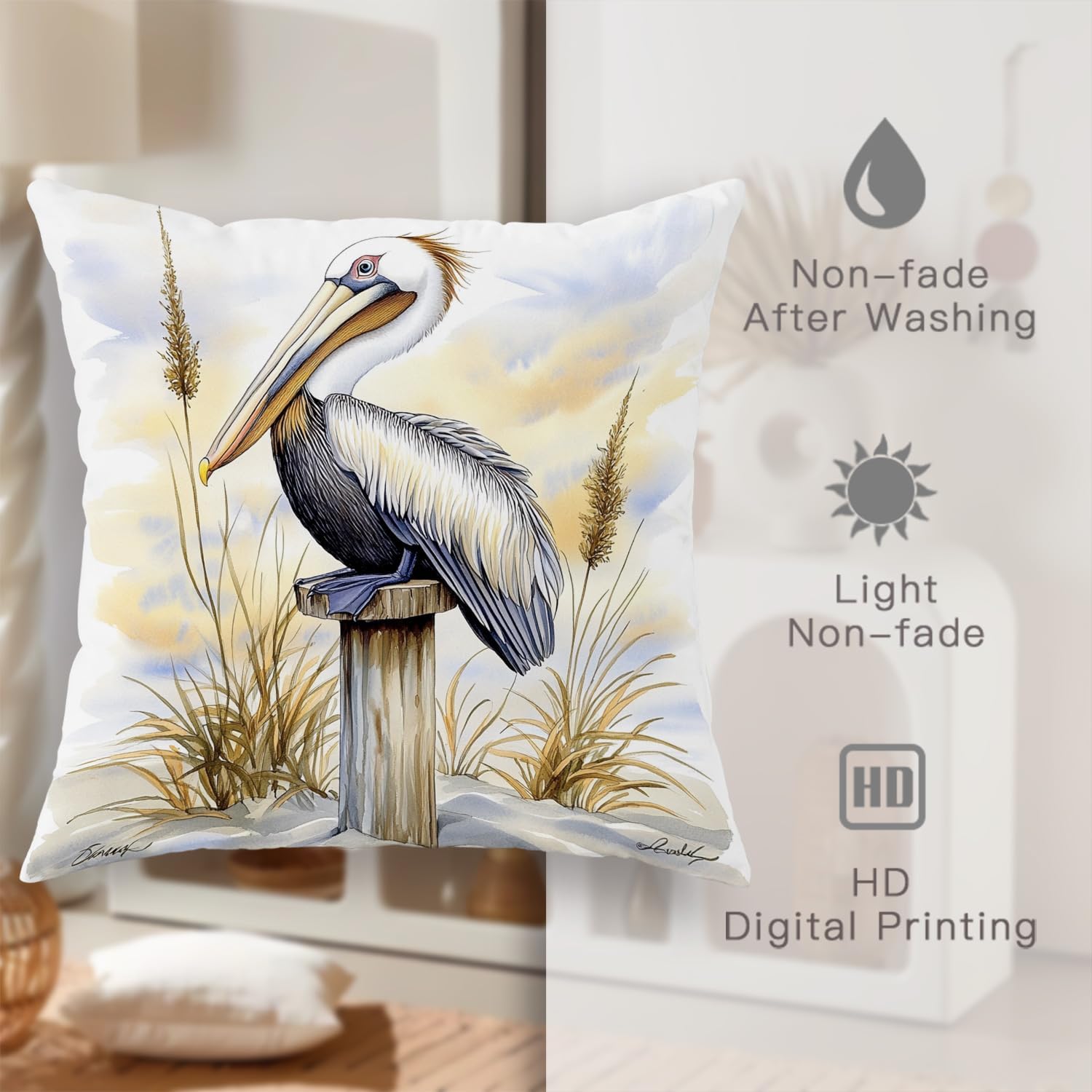 Coastal Pelican Throw Pillow Covers Set of 2, Beige and Blue Bird Art Cushion Cases, Nautical Decorative Square Farmhouse Decor for Home Sofa Bed Couch 26x26 Inch