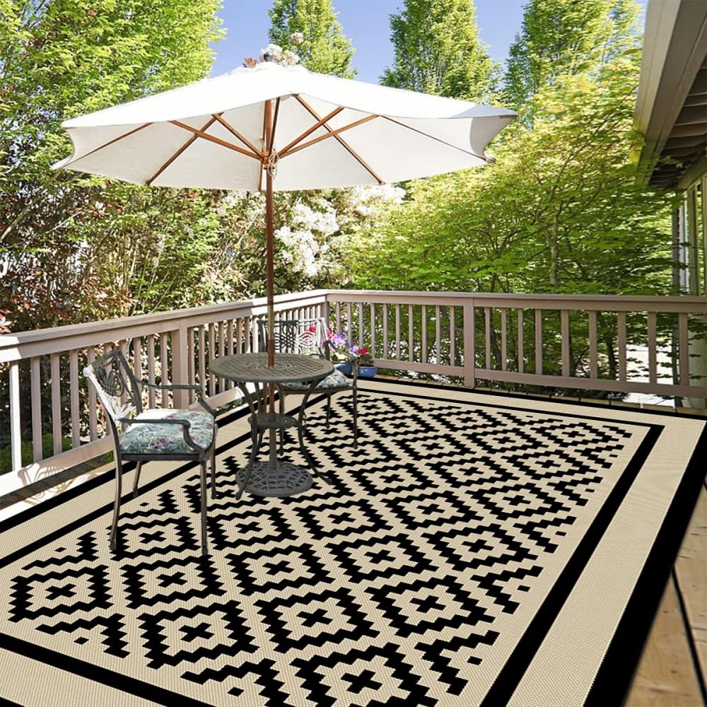 Tappeto da Esterno Impermeabile Pieghevole Reversibile Lavabile Giardino Patio Campeggio Balcone 183x274cm Beige Nero