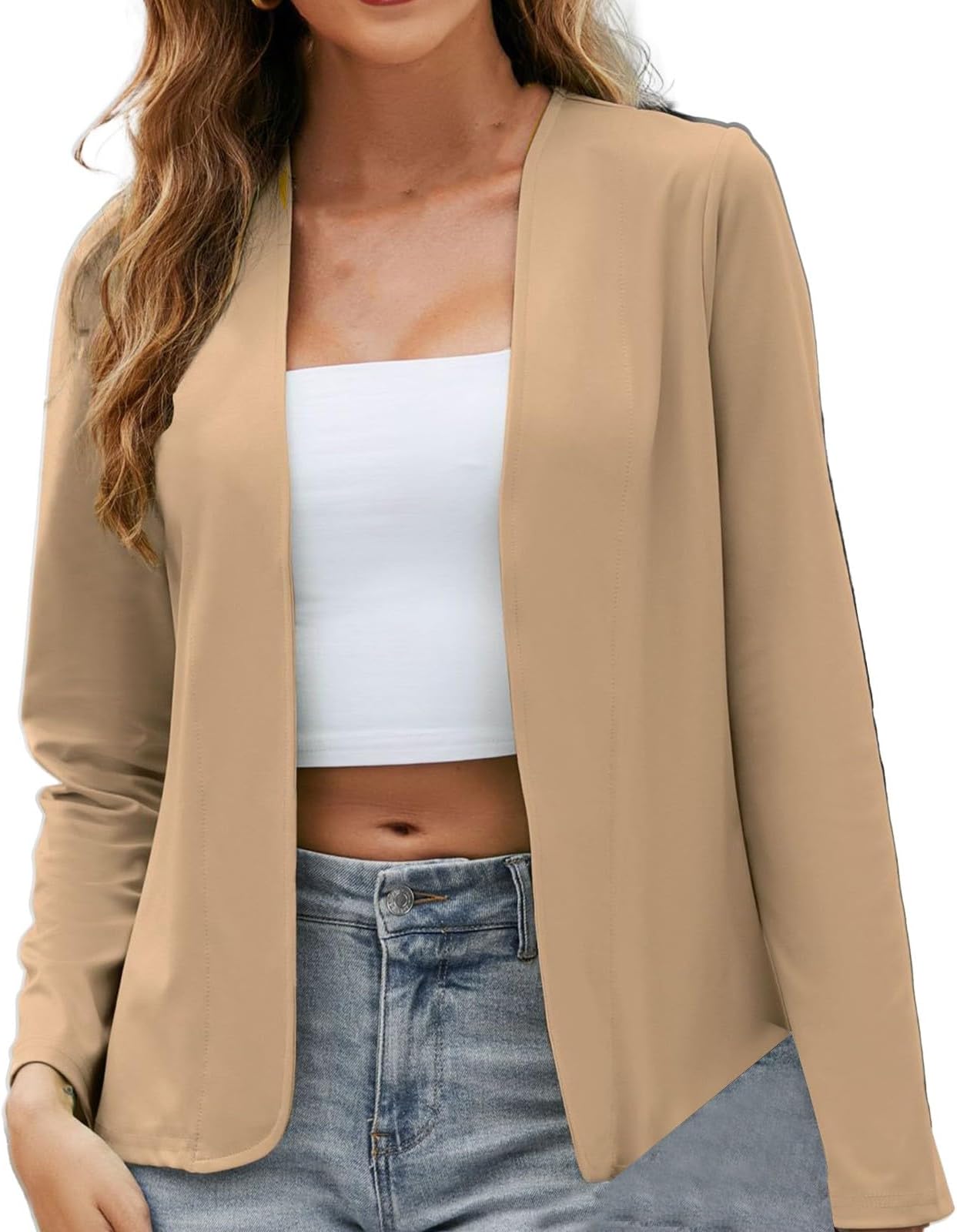 GenericWomens Casual Short Blazers 3/4 Sleeve Office Business Open Front Suit Jackets LadiesFormal Cropped Blazer Jackets Ruched Open Front Fitted Coat 8