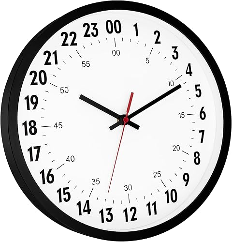 Miniatura 2 de Foxtop Reloj de pared de 24 horas, reloj de pared analógico redondo de cuarzo de 12 pulgadas, funciona con pilas, reloj de hora militar para aula,