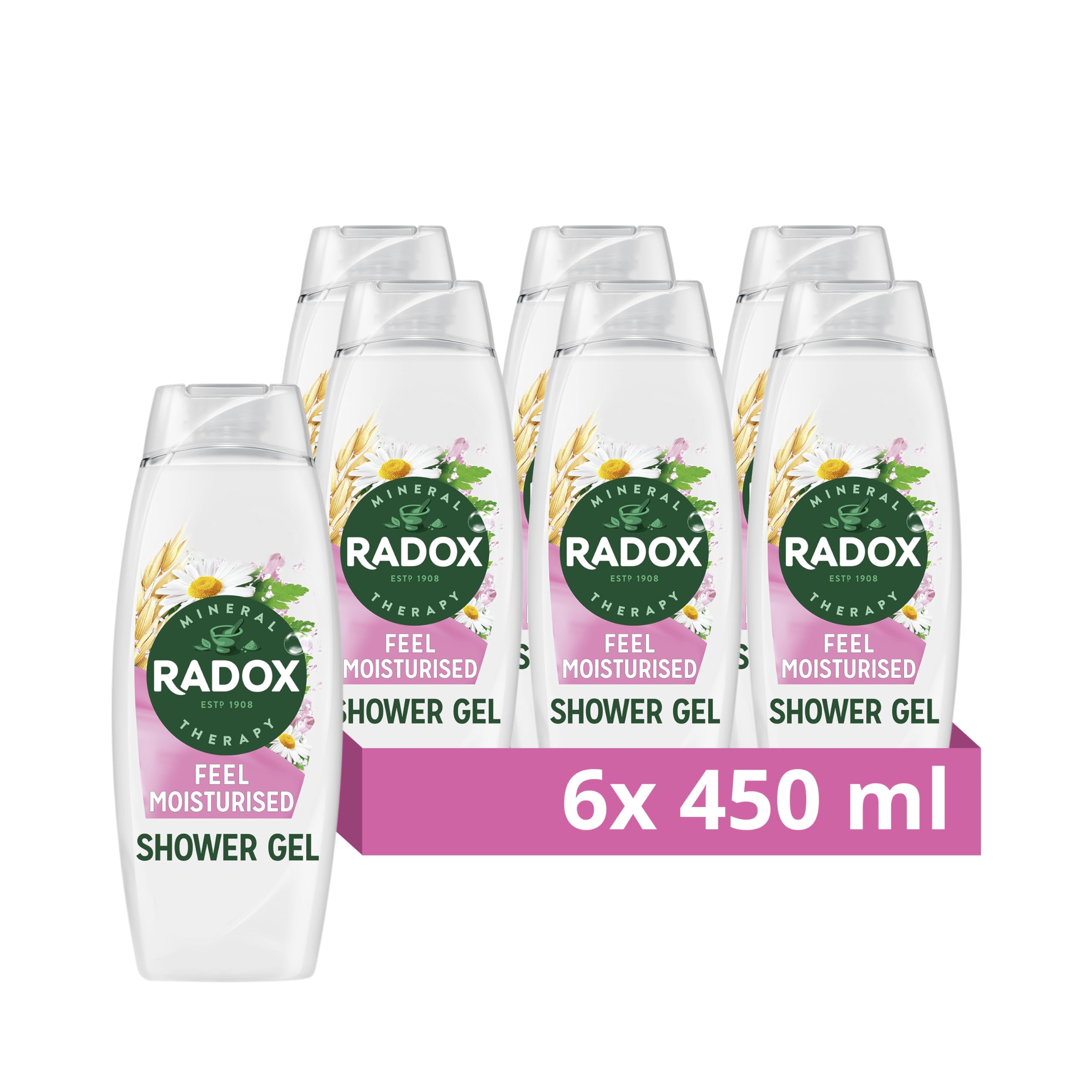 Radox Mineral Therapy Feel Moisturised body wash pack of 6 shower gel with a chamomile & oat fragrance for a soothing shower experience 450 ml
