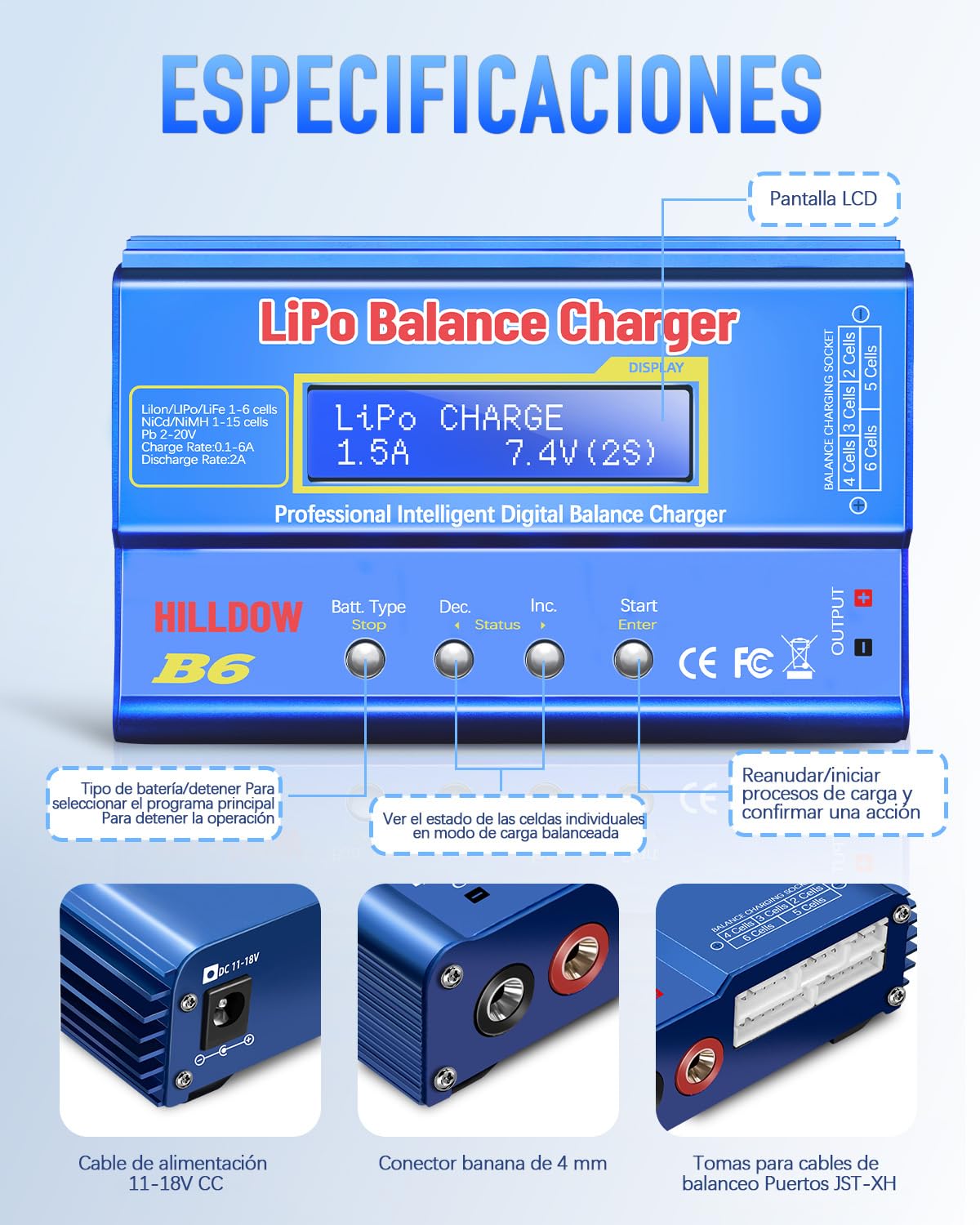 Lipo Cargador de batería B6 LCD Digital 11-18V con Adaptador para Plomo-ácido NI-CD/NI-MH 1-6S LI-PO RC Hobby