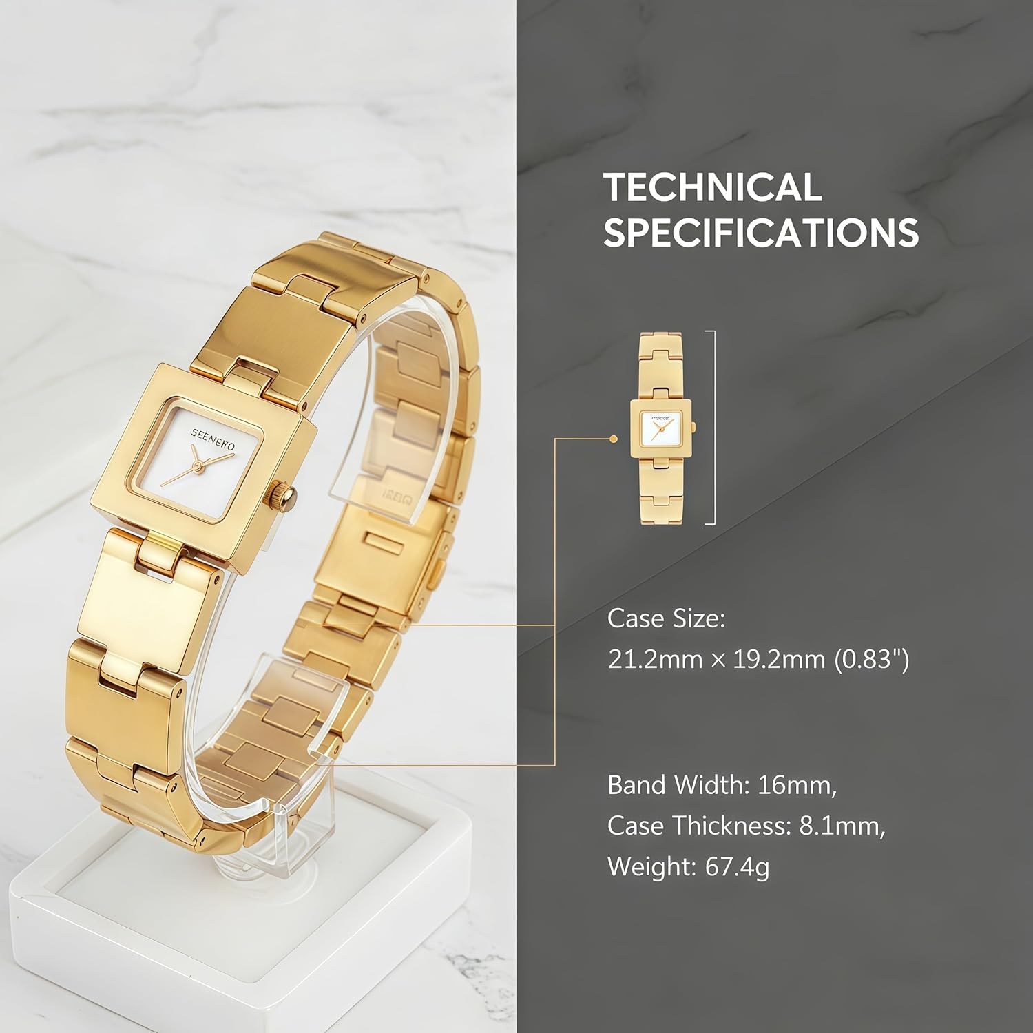 Womens Gold Watch Dainty Analog Dress Timepiece with Bangle Bracelet Minimalist Square Case Mother of Pearl Dial Water Resistant Fashion Designer Piece Inspired by Western Jewelry for Women - Image 3