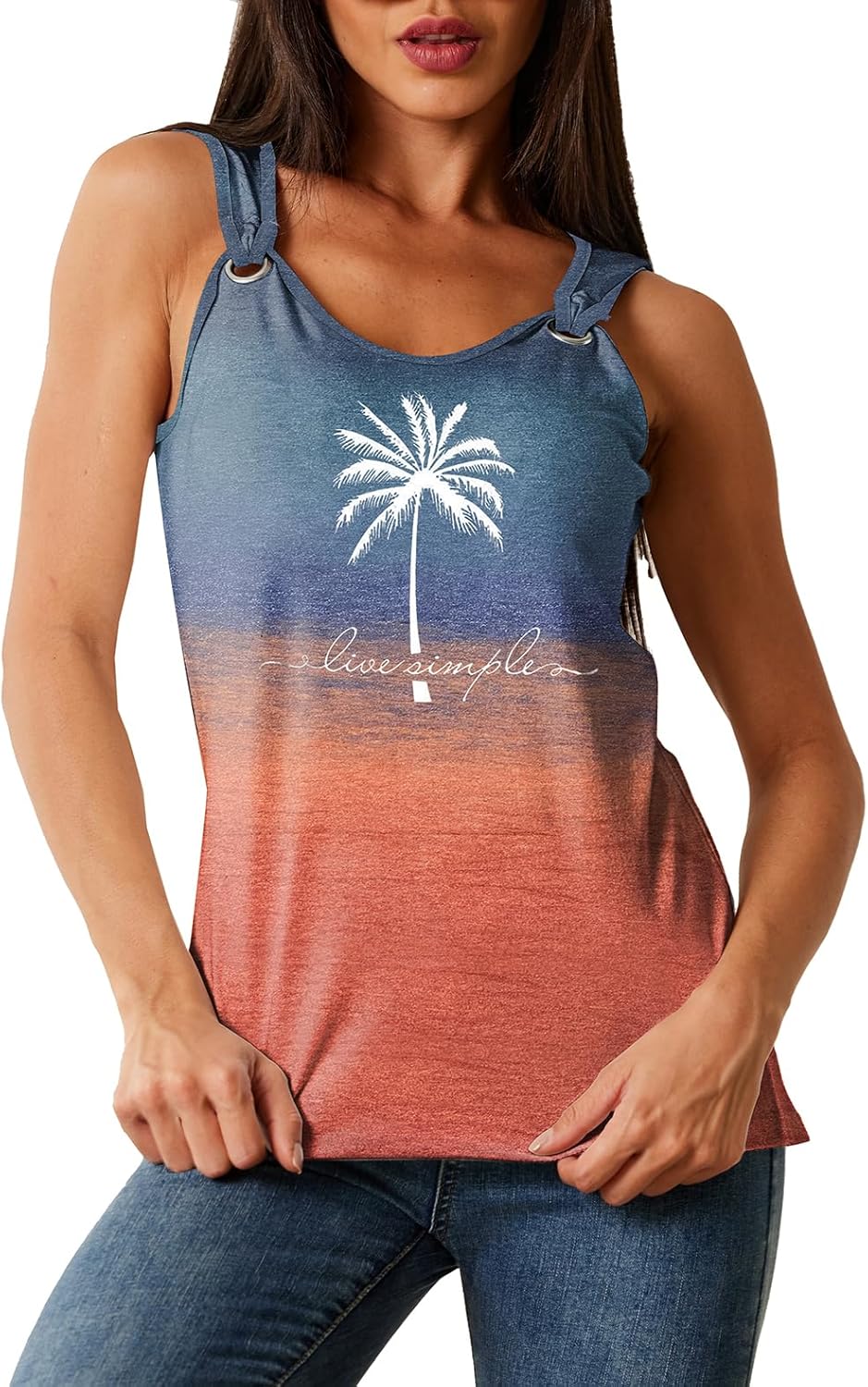 Summer Tank Cute Tops for Women Casual Sleeveless Shirt Loose Fit Scoop Neck O Ring Shoulder Blouse - Image 2