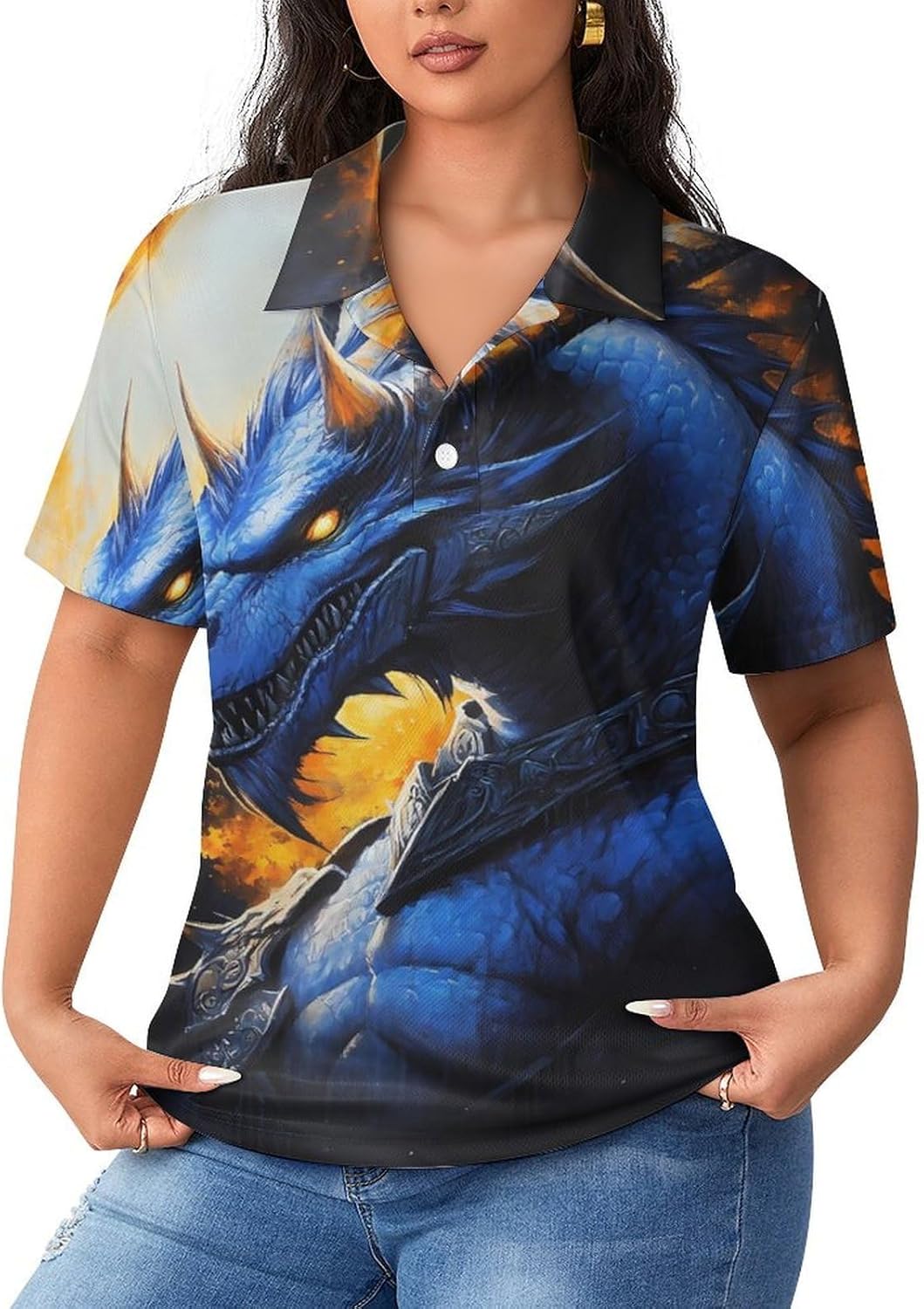 Dragon and Full Moon Women's Golf Polo Shirts Short Sleeve Quick Dry Tennis Tops Casual Work Blouses