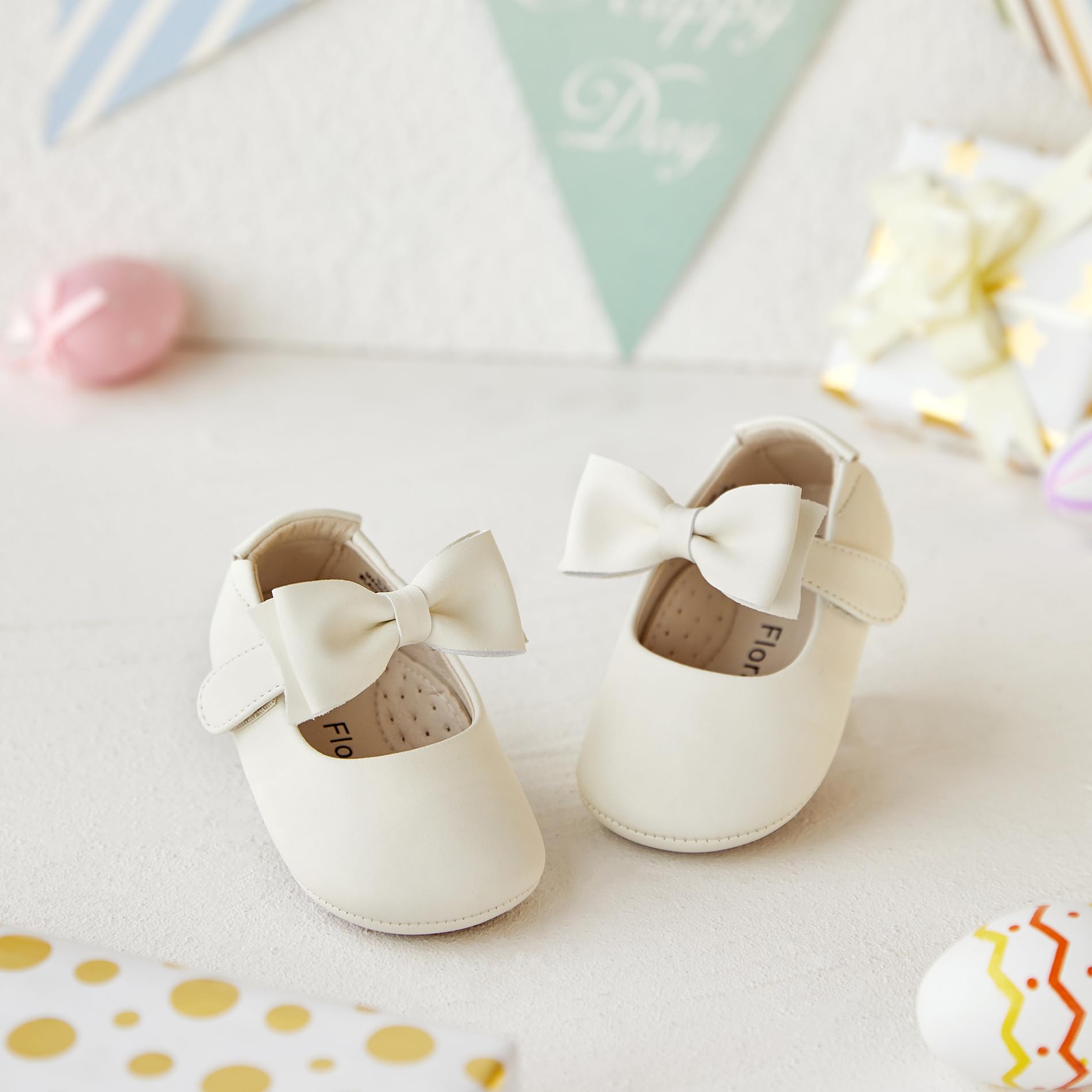 Felix & Flora Soft Sole Ivory White Baby Dress Shoes - Infant Baby Walking Shoes Moccasins Rubber Sole Crib Shoes(Ivory White,12-18Months Infant)