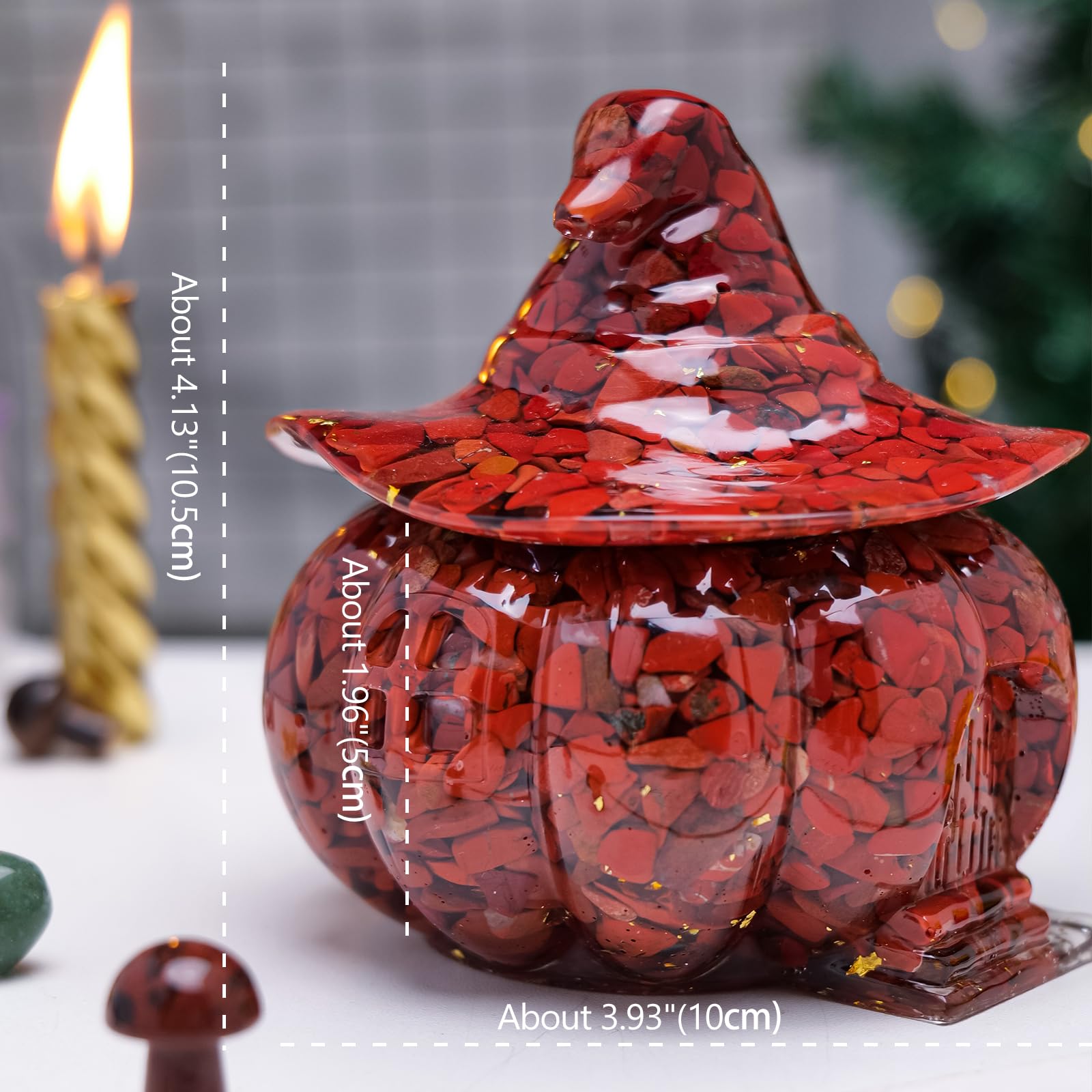RJINGSHI Pumpkin Storage Box & Candy Jar - Resin Craft with Natural Crystal Gravel, Witch Cabin Theme Room Decor for Halloween Party Gift (Handmade, 2-in-1 Design)