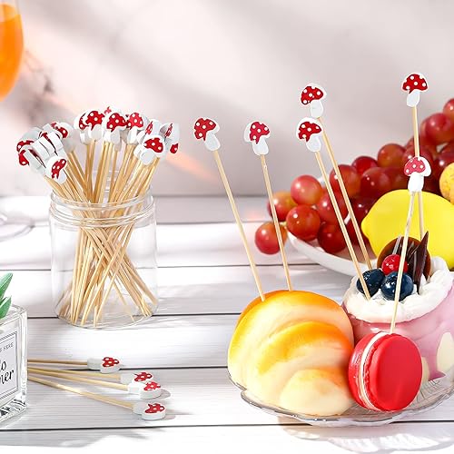 Miniatura 3 de Palos de cóctel de hongos de bambú, brochetas largas de cóctel para aperitivos, bebidas de frutas, palitos de comida, adornos para cupcakes, setas,