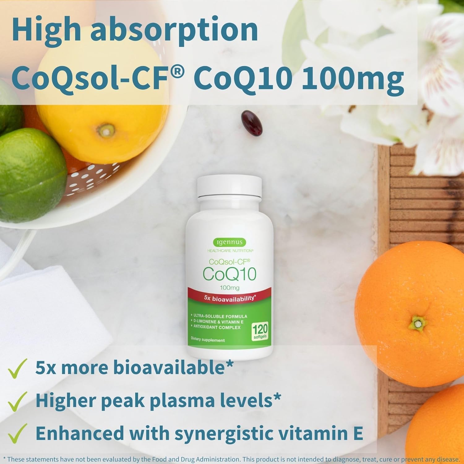 Igennus Advanced CoQ10 100mg, 5X Bioavailability CoQsol-CF Boosted with D-Limonene, 120 1-a-Day Servings, Heart & Energy, Ubiquinone Coenzyme Q10 & Vitamin E Antioxidant - Image 2