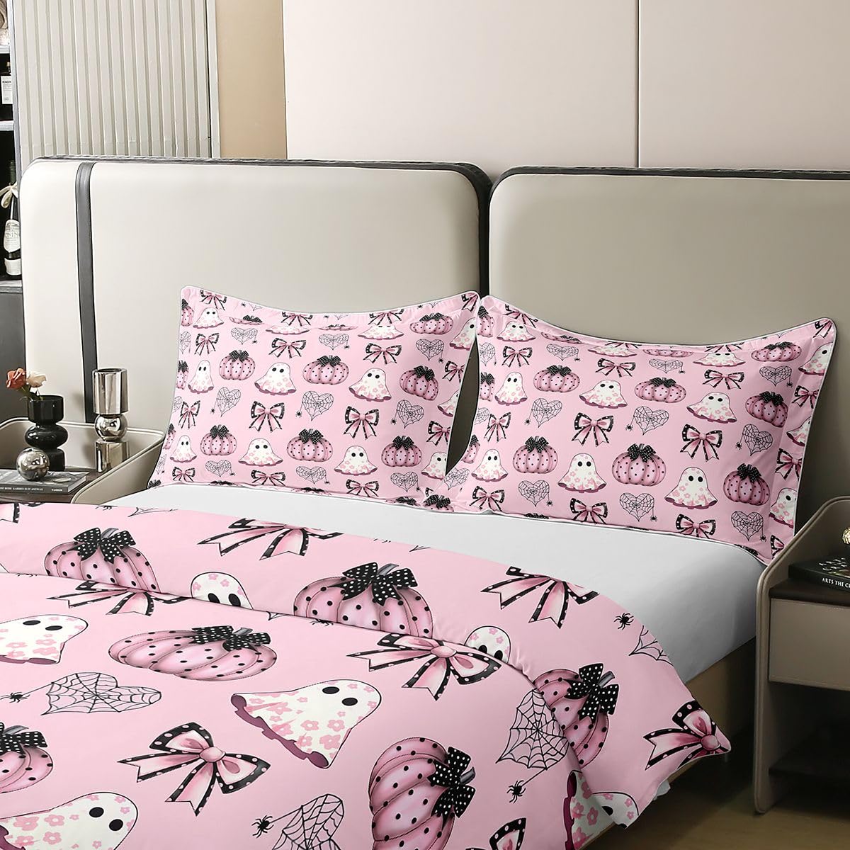 Loussiesd Happy Halloween Copripiumino 100% Cotone Letto King per Bambini | Set di biancheria da letto floreale rosa a pois con fiocco fantasma zucca cuore ragnatela floreale 2 pezzi decorazione
