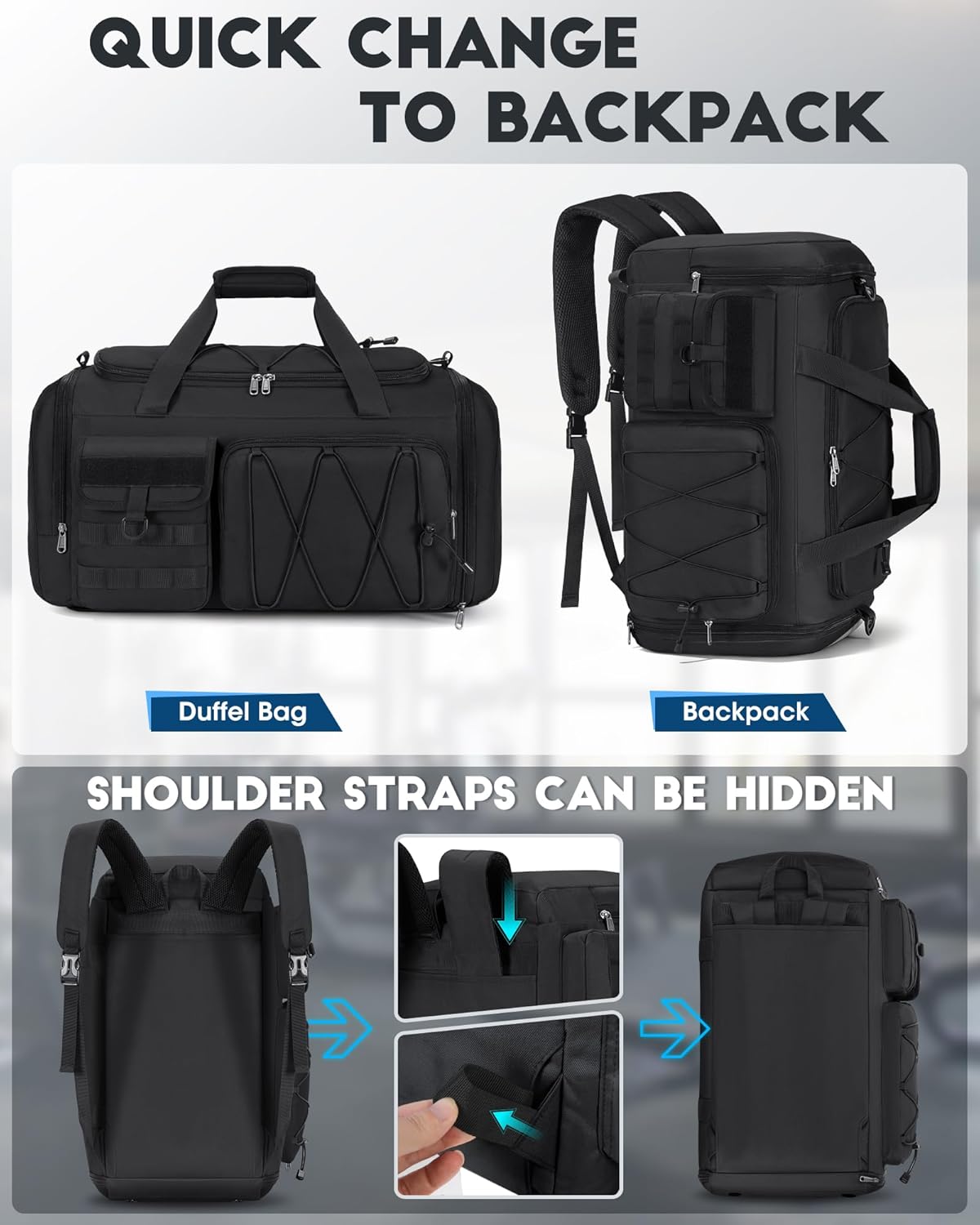 SDYSM Gym Bag for Men 45L Sports Duffel Bags 3-in-1 Travel Duffel Bag with Shoe Compartment, Gym Workout Backpack Carry On Weekender Bag Overnight Bag for Travel, Black - Image 4