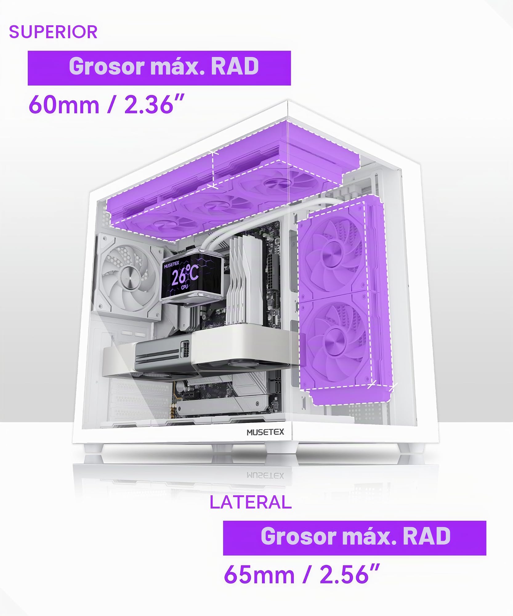 MUSETEX Y6 Caja PC ATX Torre Mediana, 7 Ventiladores PWM ARGB Espejo Infinito, Tipo-C, Cristal Templado 270°, Blanco