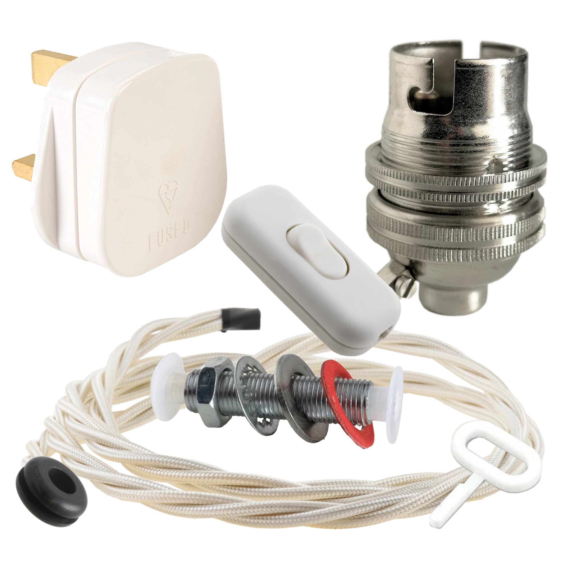 Art Deco Emporium Lamp Repair and Servicing Kit|White Plug|Ivory Flex|White Switch|B22 Chrome Finish Lamp Holder