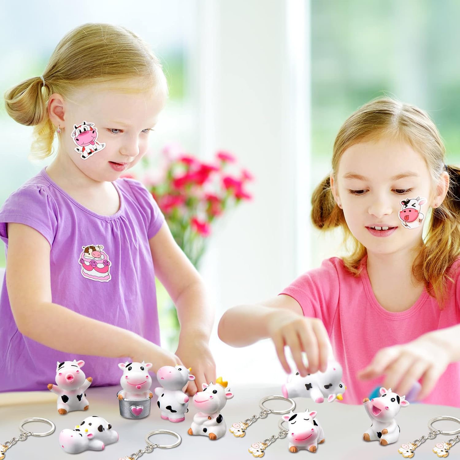 Chunful 70 Pcs Cow Party Favors Supplies Include Mini Cow Figurines Keychains Stickers Miniature Toys Resin Cake Toppers Cake Decoration for Garden Birthday Shower Party Decor