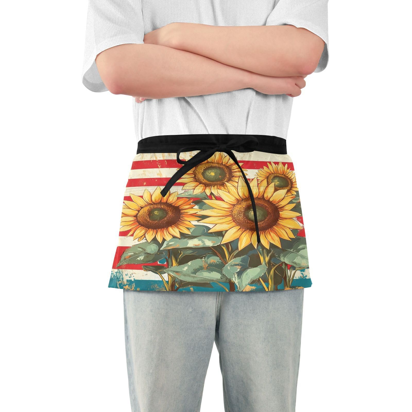 Kigai Flag Sunflowers Server Aprons for Men Women Water & Oil Resistant Waitress Waiter Waist Apron with 3 Pockets