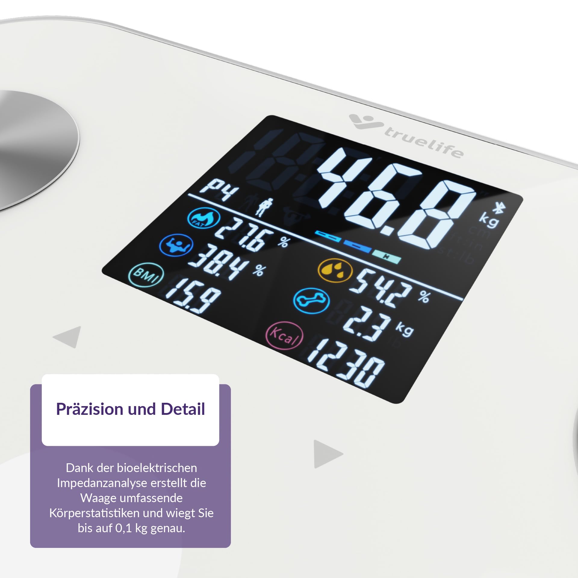 TrueLife FitScale W6 BT Personendiagnostische Bluetooth-Waage, Messung mit bioelektrischer Impedanzanalyse, 19 messbare Körperindizes, farbiges LCD-Display, bis zu 8 Benutzer, mobile App