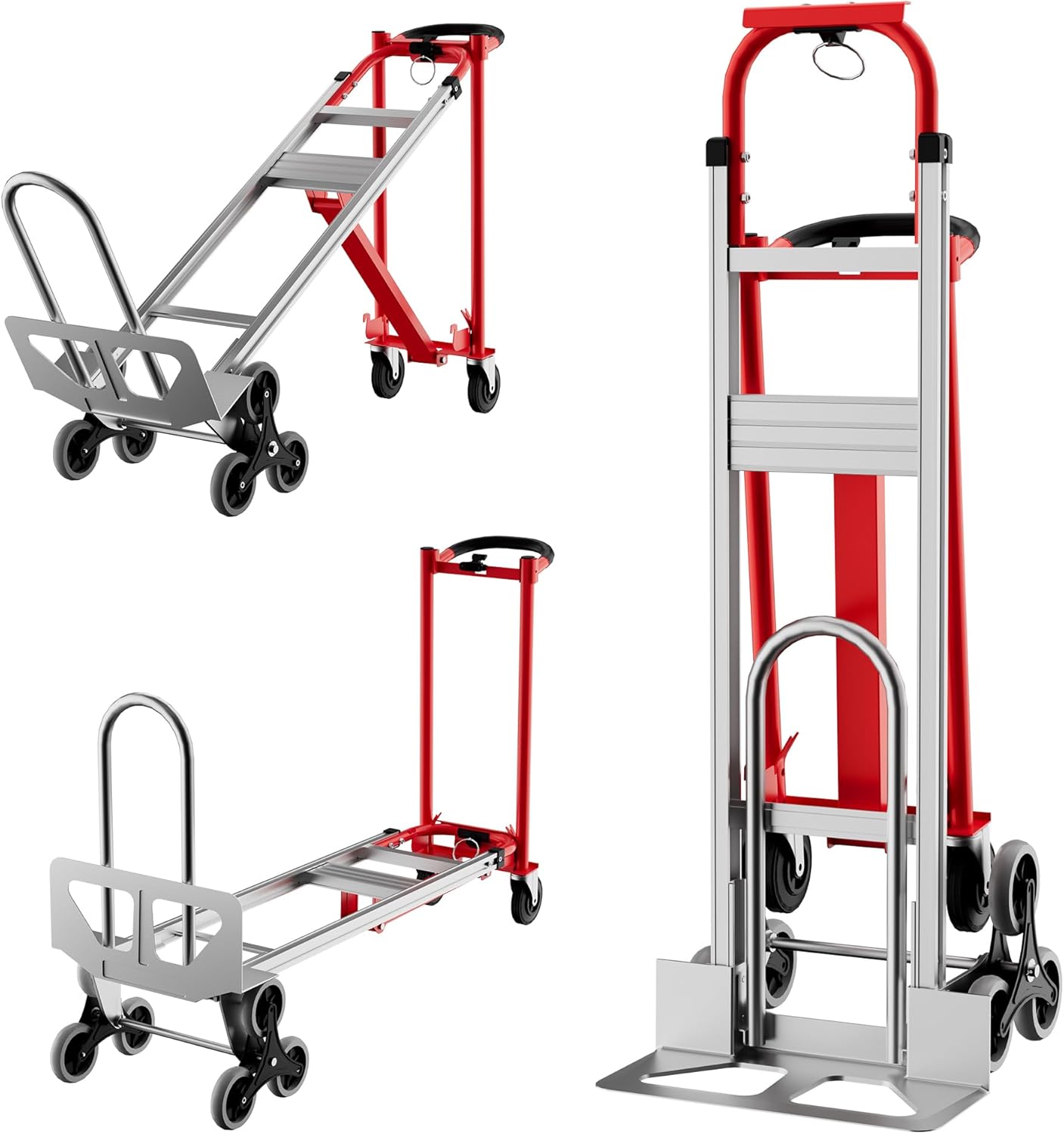 3 in 1 Convertible Aluminum Hand Truck Dolly Cart, 800Lbs Capacity, Stair Climbing Utility Trolley Platform Cart for Transport and Moving in Home, Office, Warehouse, Supermarket, Red+Silver