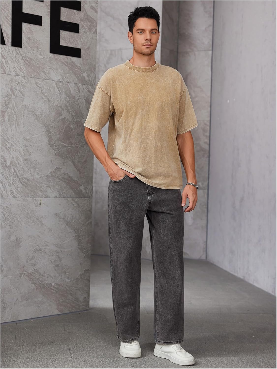 WDIRARA Men's Plain High Waist Wide Leg Jeans Loose Long Denim Pants with Pocket Streetwear - Image 4