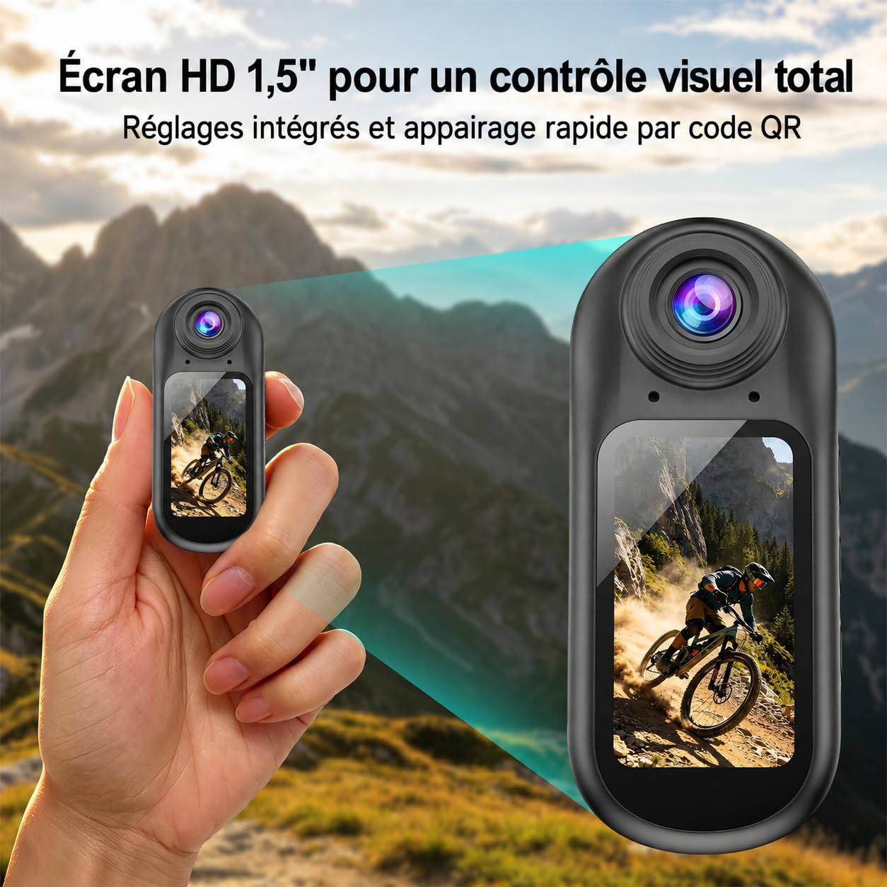 Mini Caméra Sport 4K 30FPS, Photos 64 MP, WiFi, Bluetooth, EIS 6 axes | Écran HD 1,5", Carte U3 32 Go, 35 g, Autonomie 130 min, Boîtier étanche 30 m et Kit Casque/Vélo.