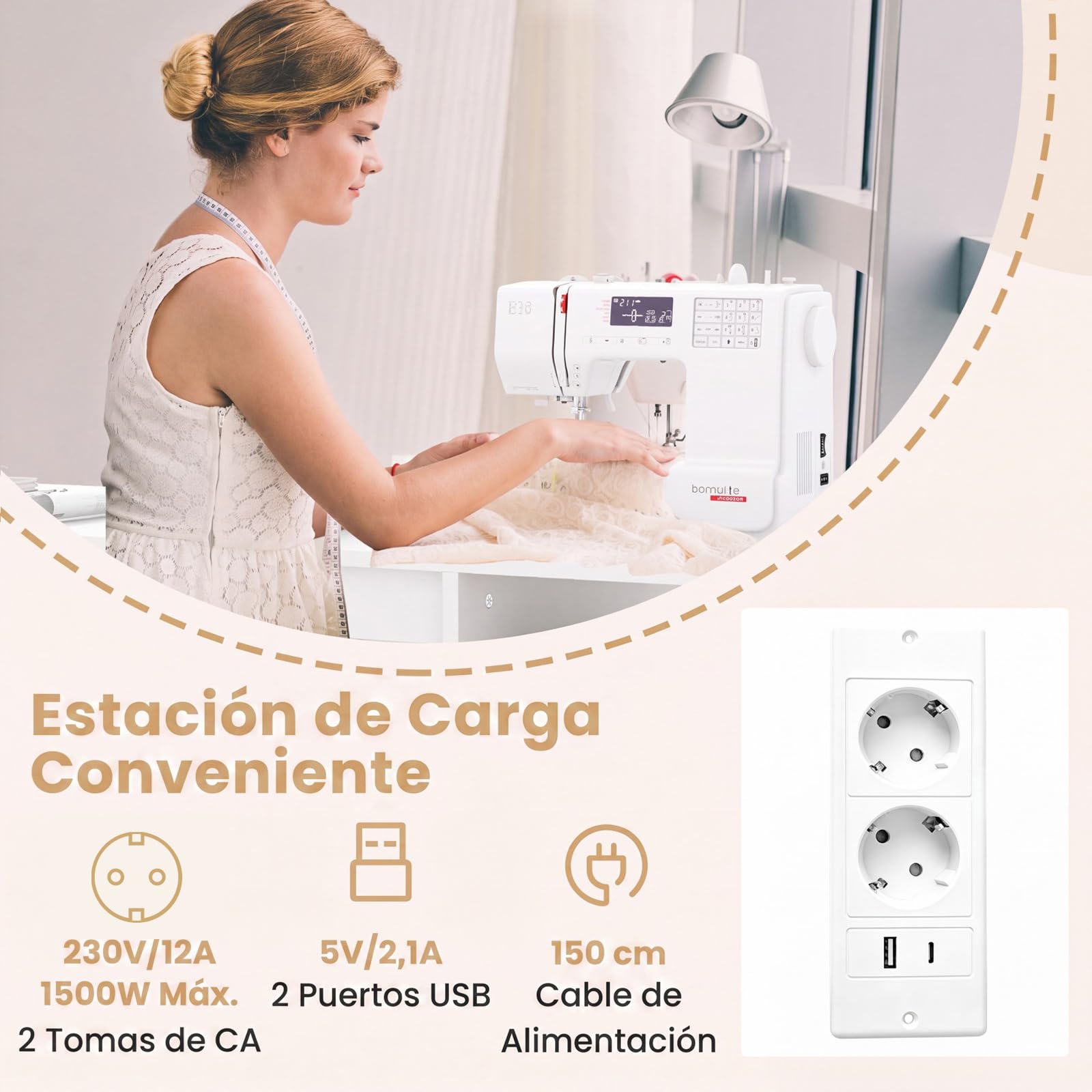 COSTWAY Mesa de Costura Plegable con Estación de Carga y Ruedas, para Hogar