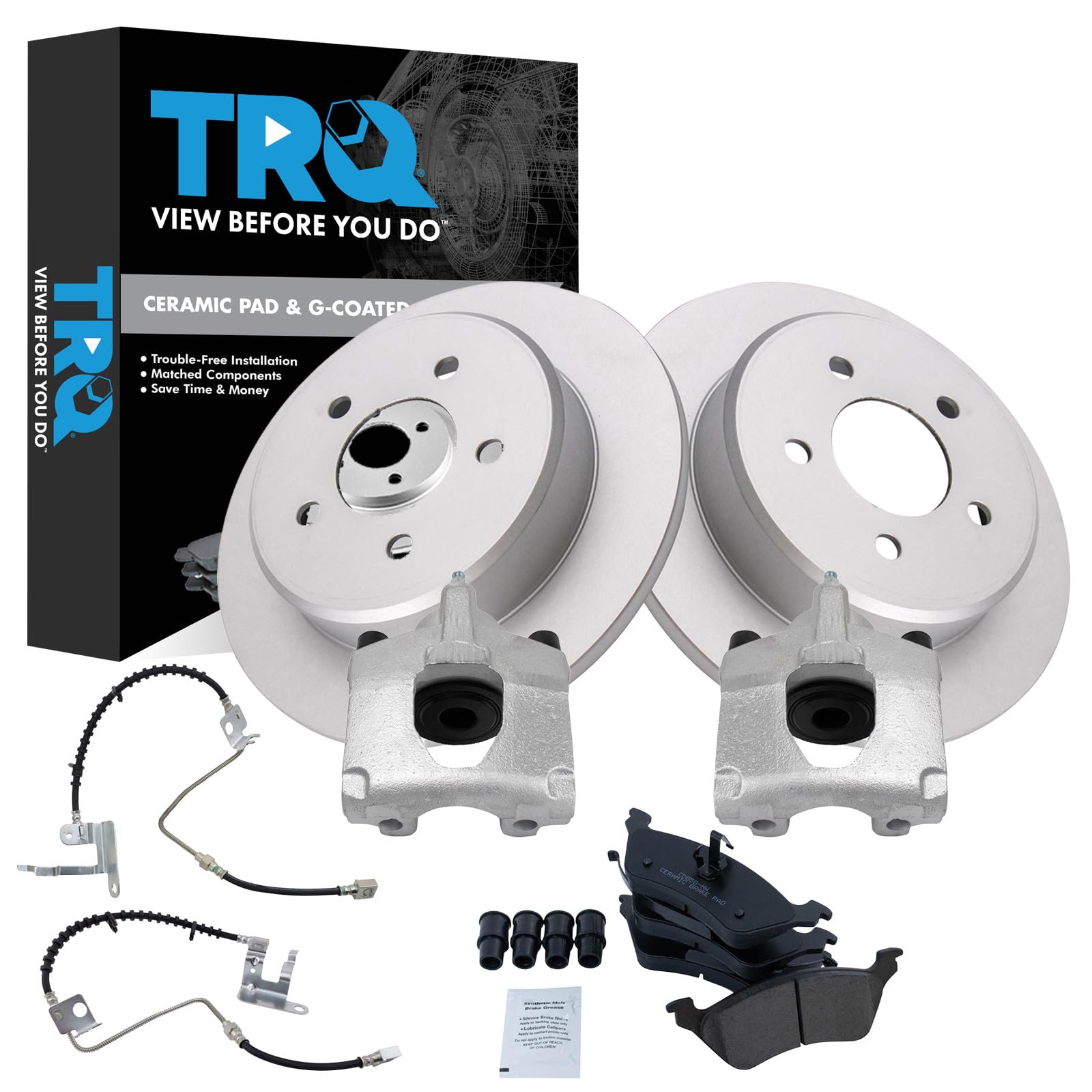TRQ Rear Brake Pad and Rotor Set Ceramic Coated Calipers Compatible with 2006-2007 Chrysler Town &amp; Country Grand Caravan